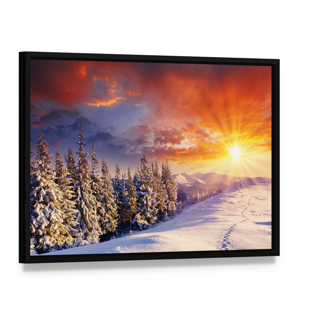Majestic Sunset in Winter Mountain Canvas Wall Art, framed canvas in a black floater frame, angled product view