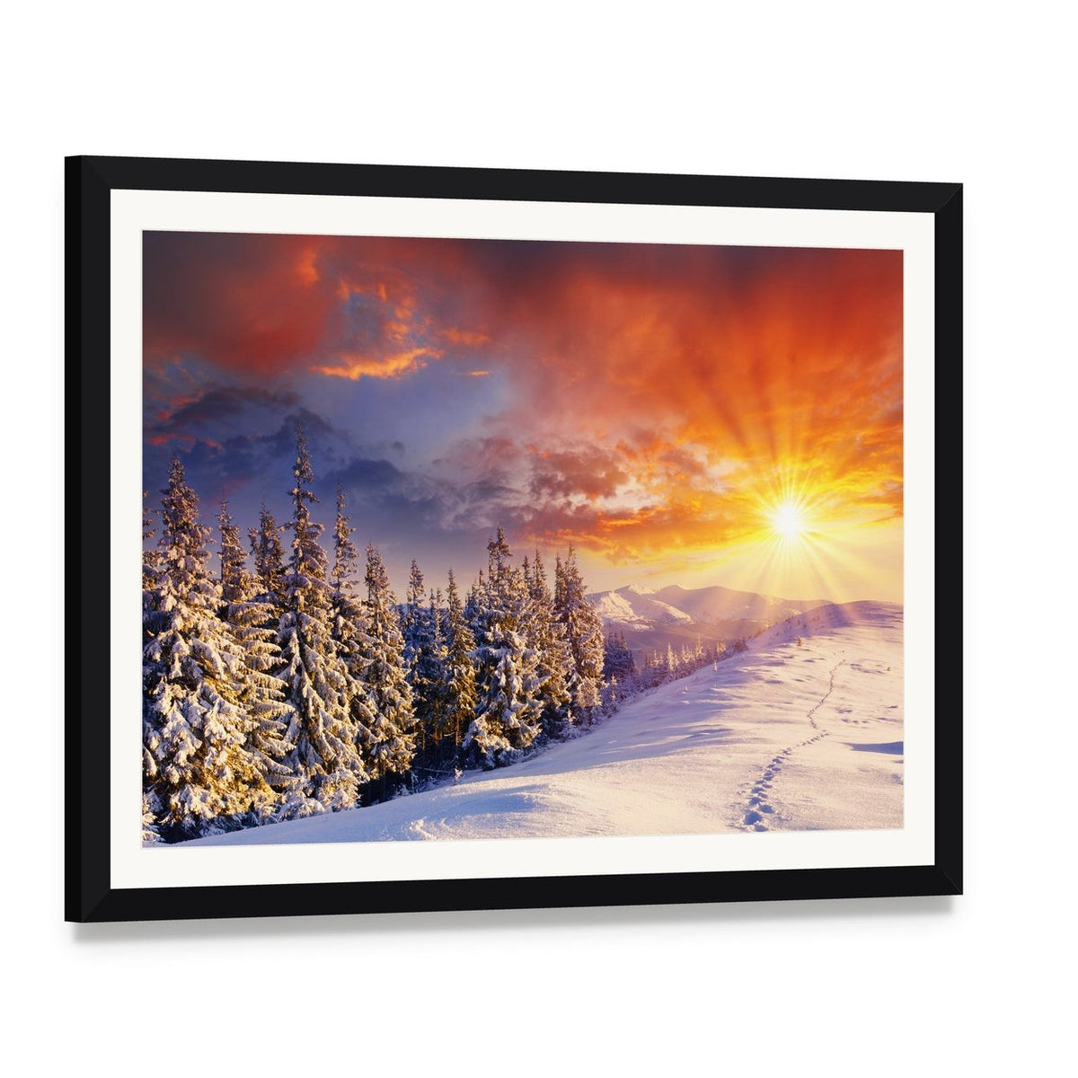 Majestic Sunset in Winter Mountain Canvas Wall Art, framed print with white mat and black frame, angled product view
