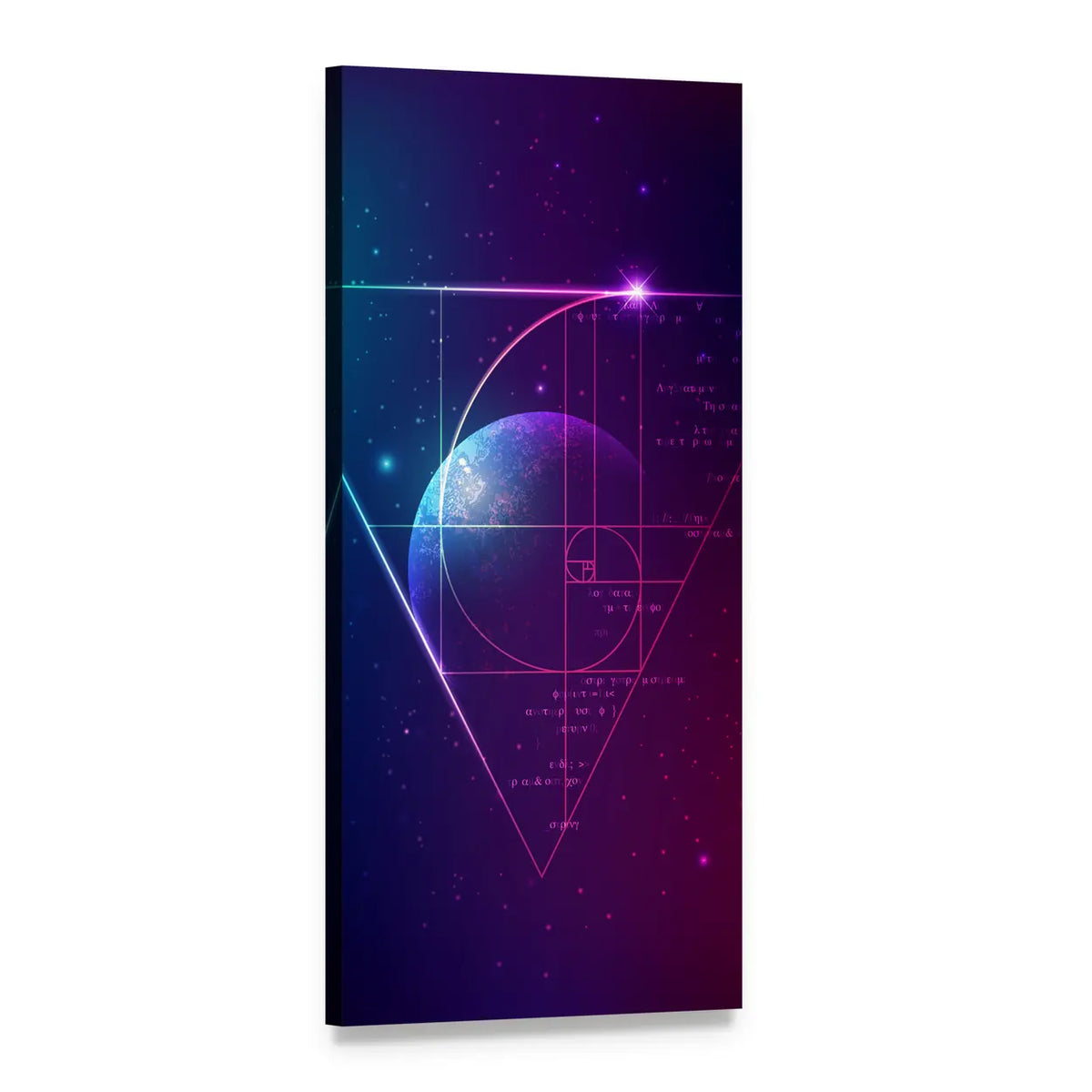 Planet with Glowing Fibonacci Spiral Vertical Canvas Wall Art, 1 panel 1 Vertical layout gallery wrapped canvas set, angled product view