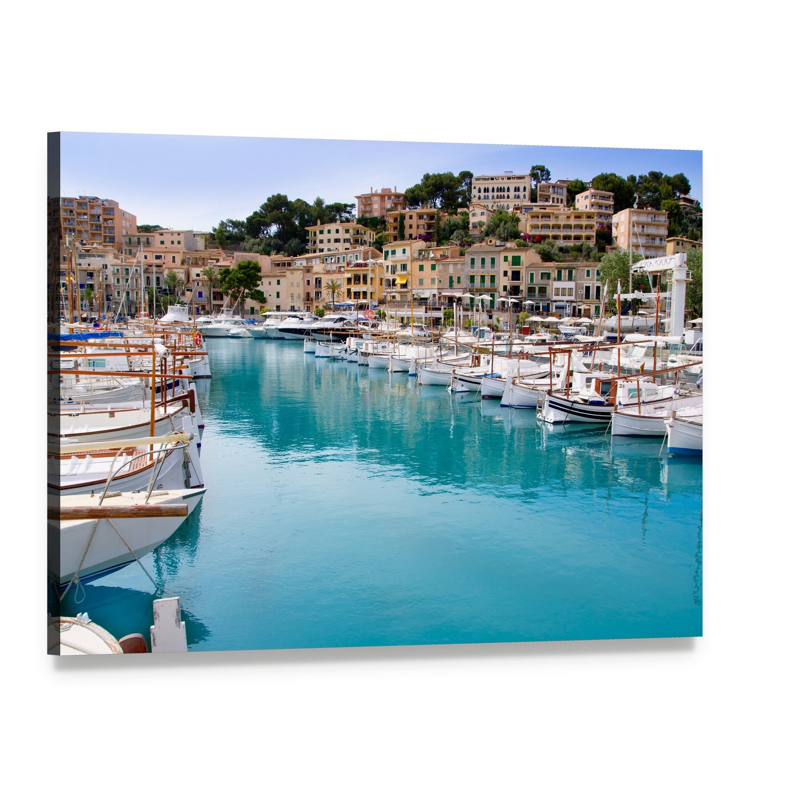 Puerto De Soller Harbor Scene Canvas Wall Art, single panel gallery wrapped canvas, angled product view