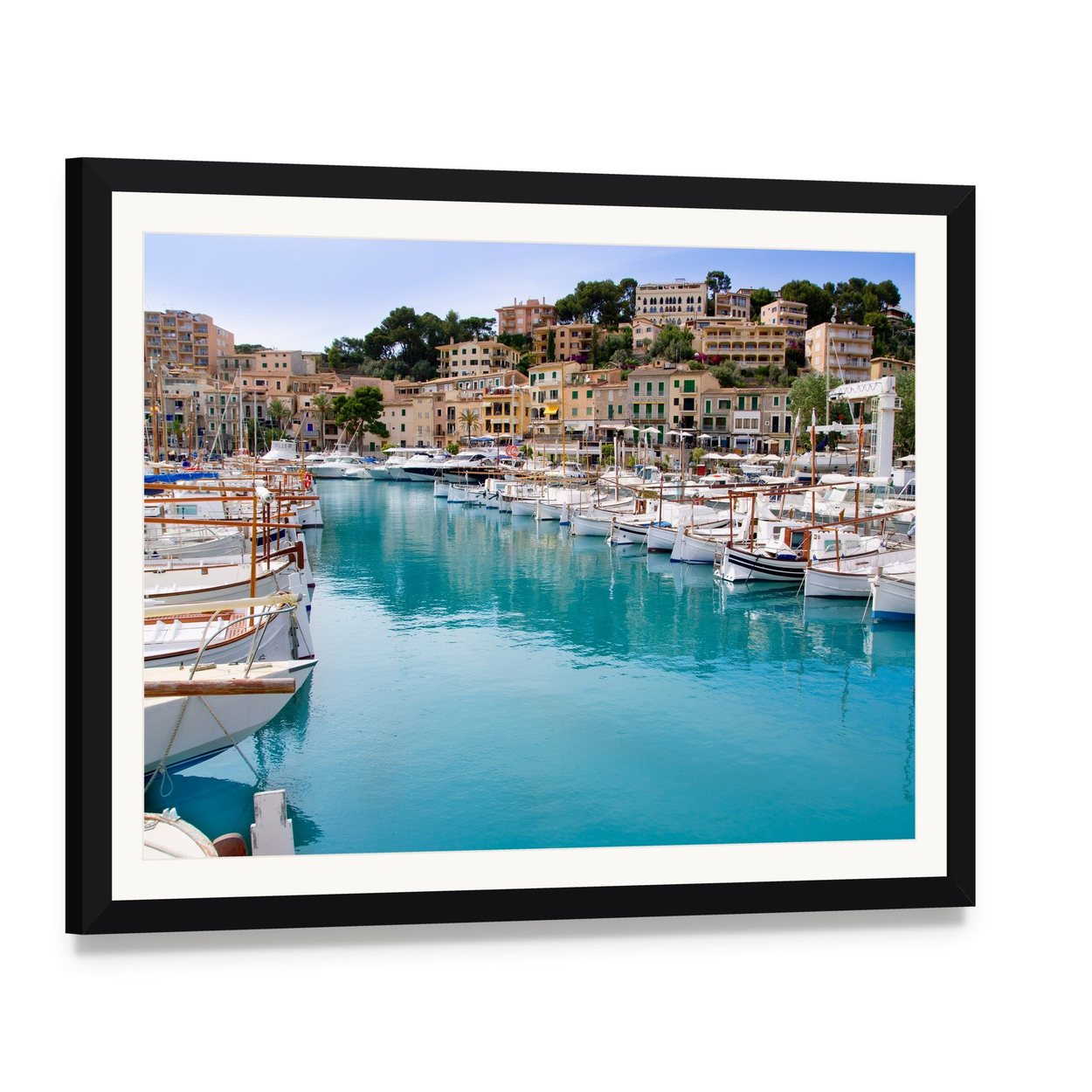 Puerto De Soller Harbor Scene Canvas Wall Art, framed print with white mat and black frame, angled product view