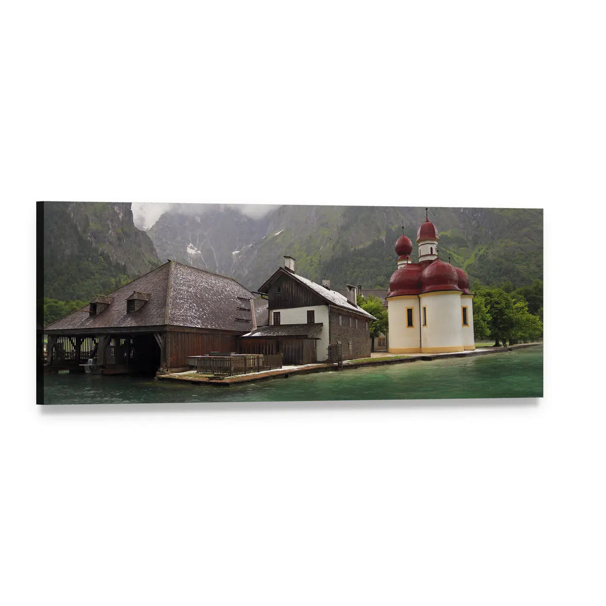 Monastery of St. Bartholomew Over Alpine Lake Panoramic Canvas Wall Art, single panel gallery wrapped canvas, angled product view