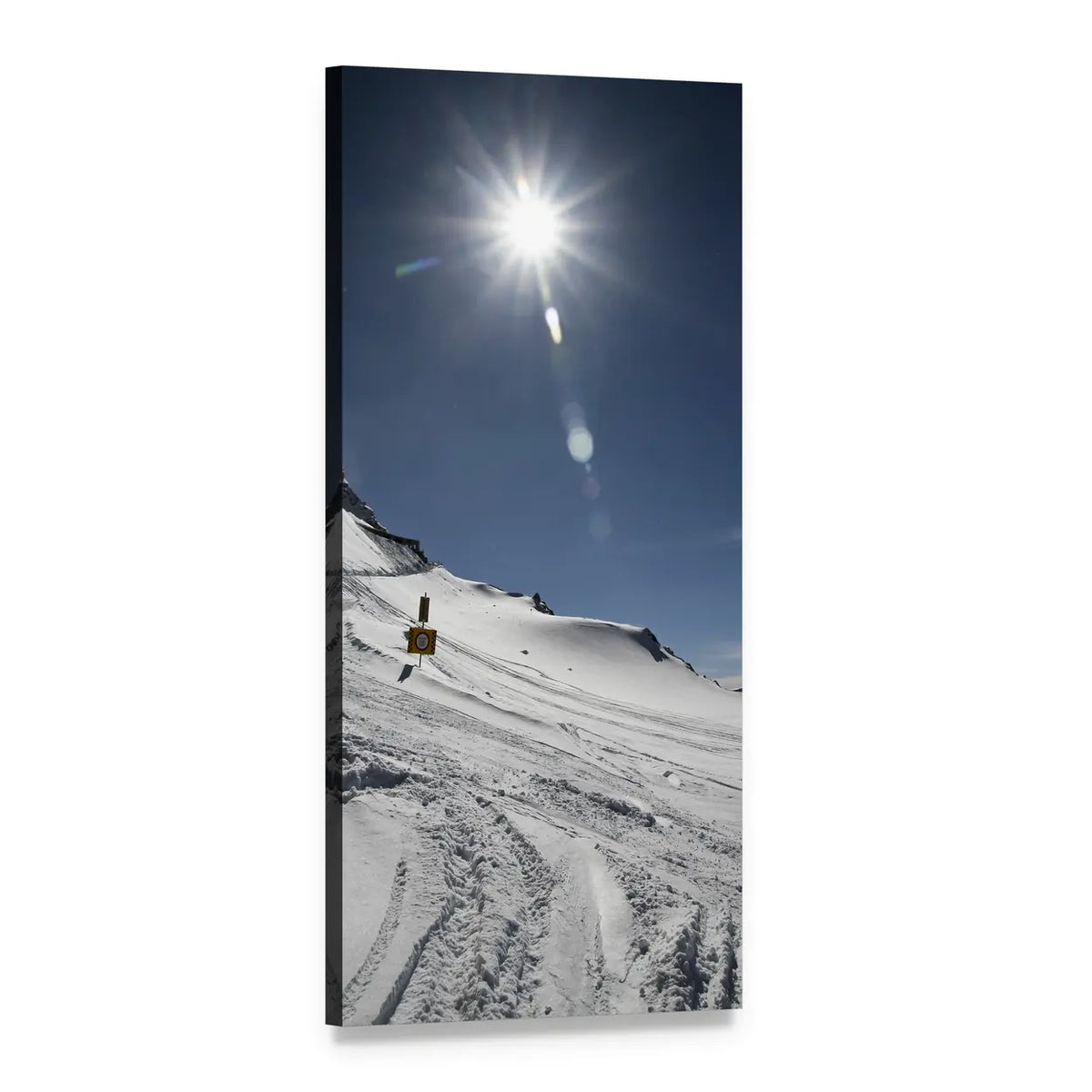 Snowy Mountain with Ski Tracks and Sunburst Vertical Canvas Wall Art, 1 panel 1 Vertical layout gallery wrapped canvas set, angled product view