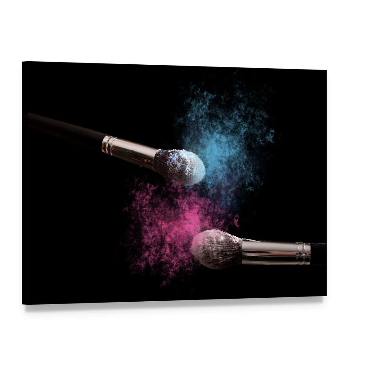 Two Makeup Brushes Powder Explosion Canvas Wall Art, single panel gallery wrapped canvas, angled product view