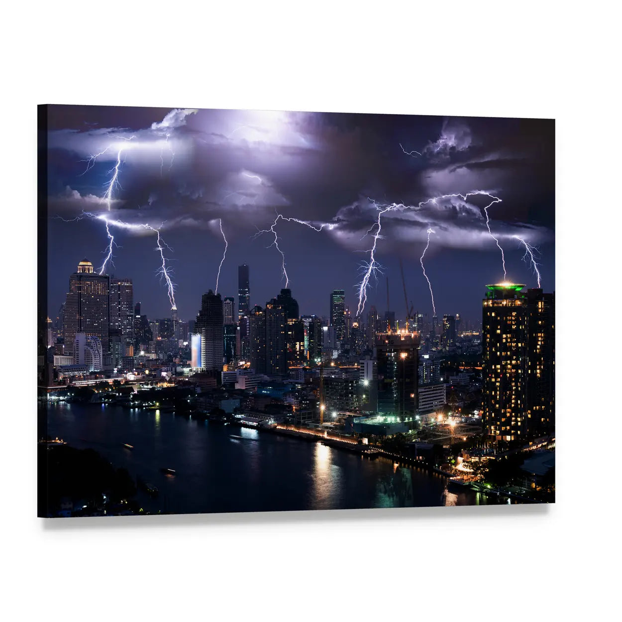 Lightning Over City Skyline Canvas Wall Art, single panel gallery wrapped canvas, angled product view