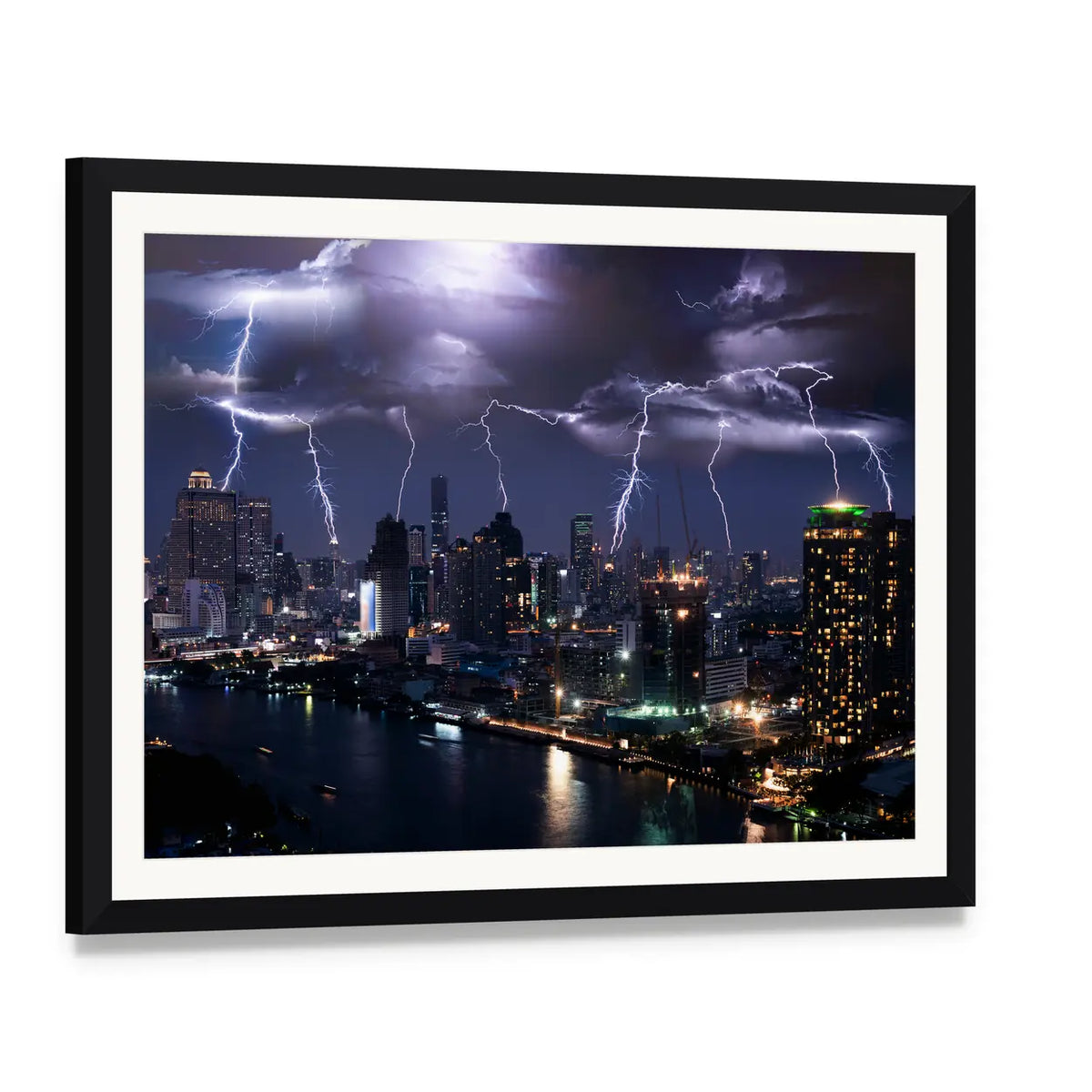 Lightning Over City Skyline Canvas Wall Art, framed print with white mat and black frame, angled product view