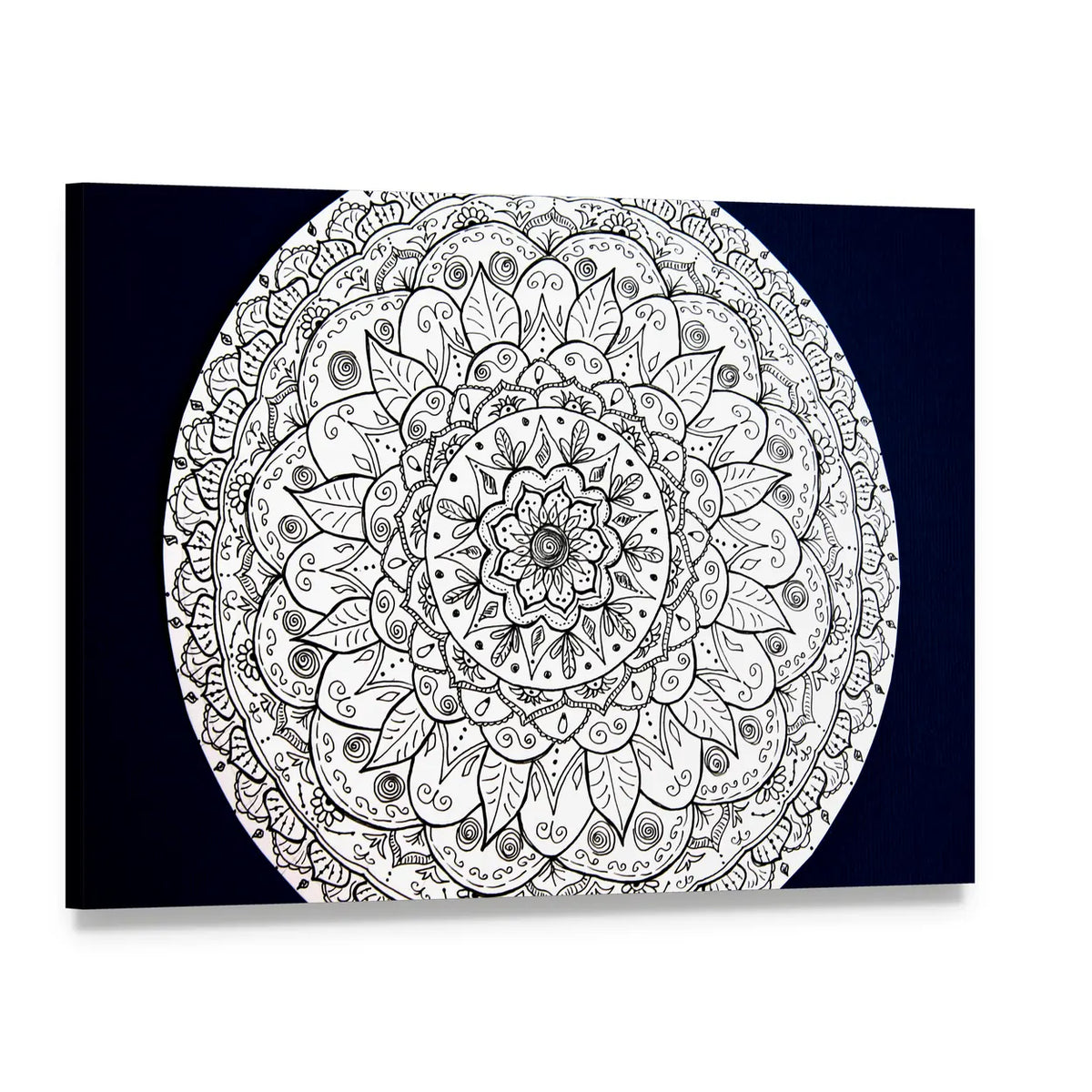 Ornamental Flower Mandala Canvas Wall Art, single panel gallery wrapped canvas, angled product view