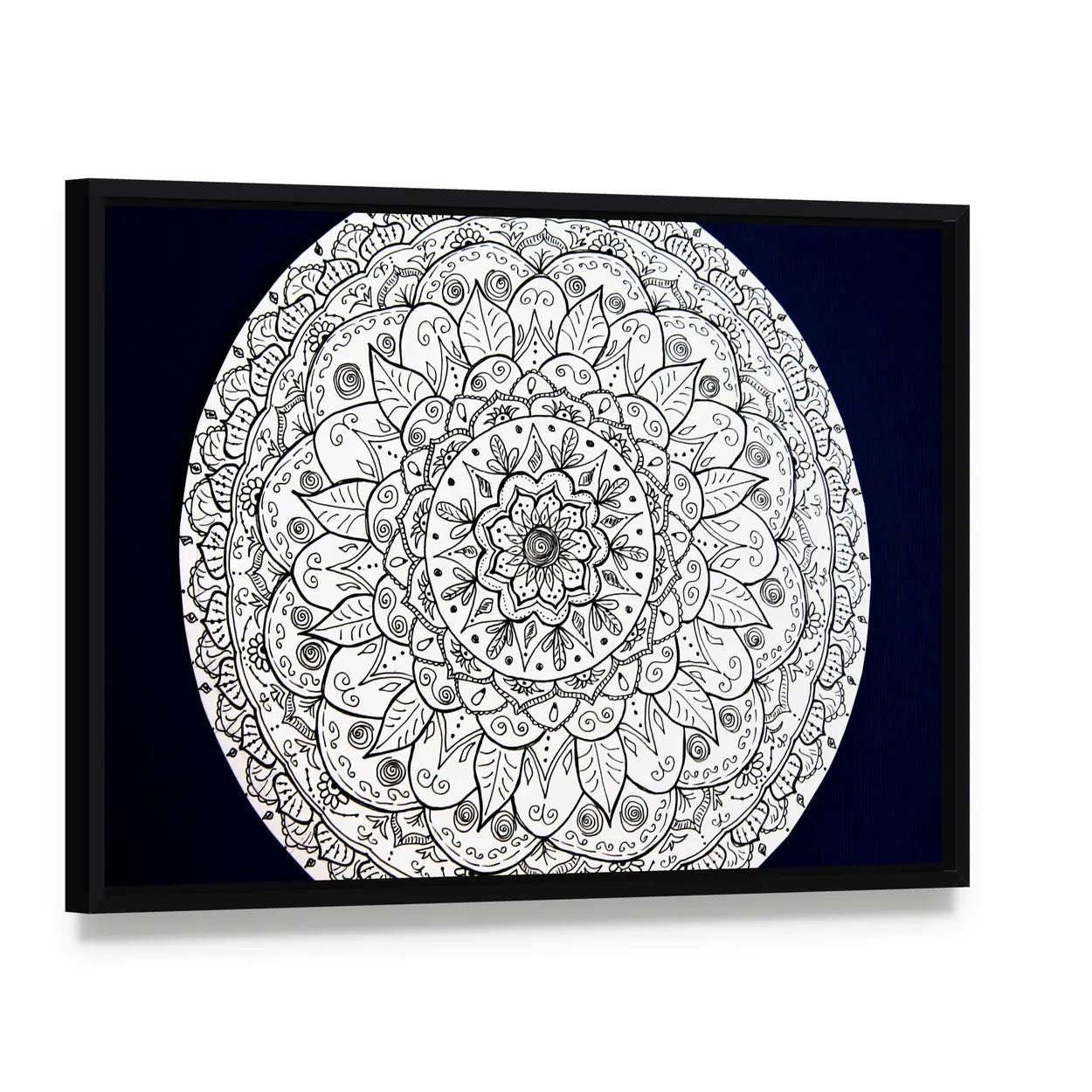 Ornamental Flower Mandala Canvas Wall Art, framed canvas in a black floater frame, angled product view