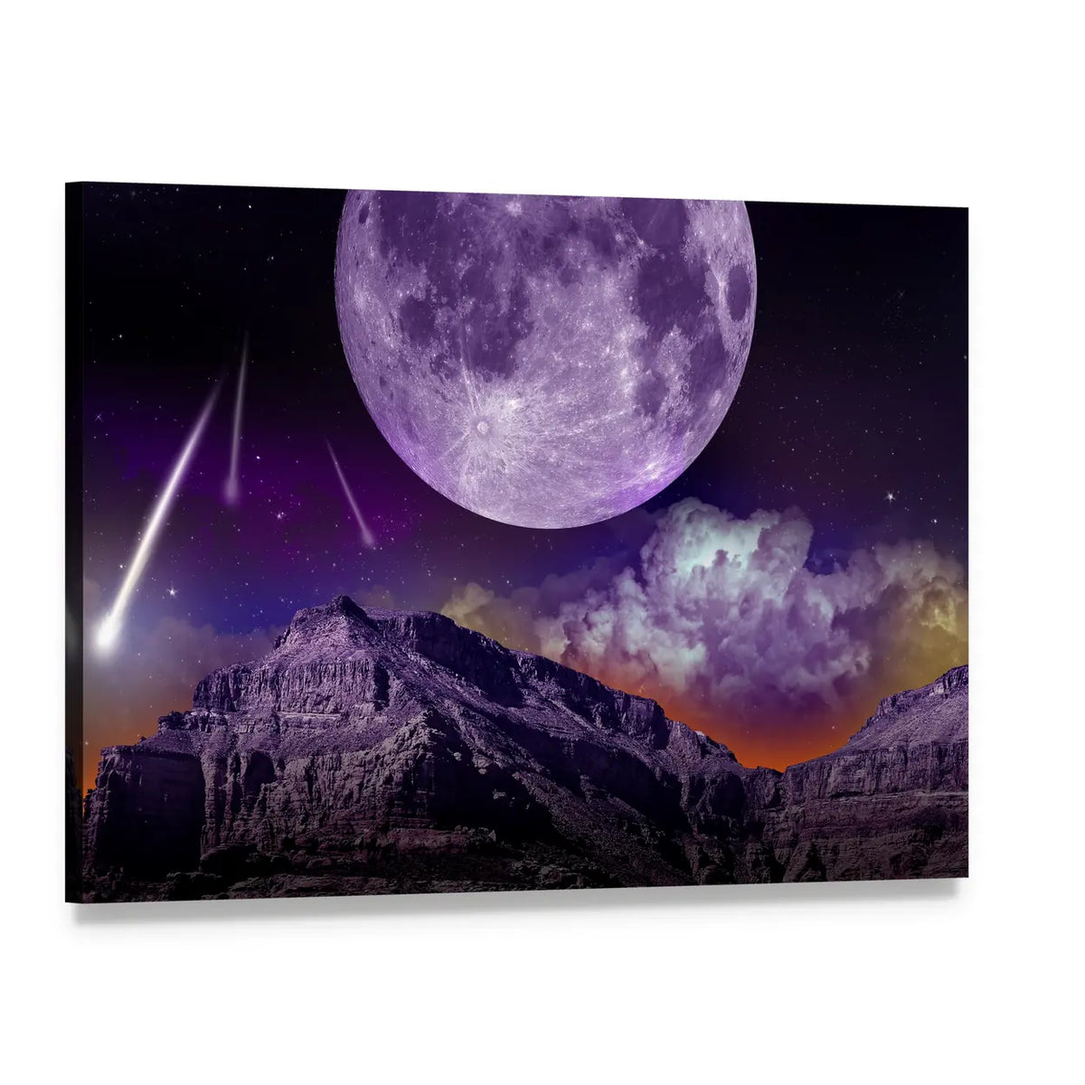 Purple Moon Over Rugged Mountains Canvas Wall Art, single panel gallery wrapped canvas, angled product view