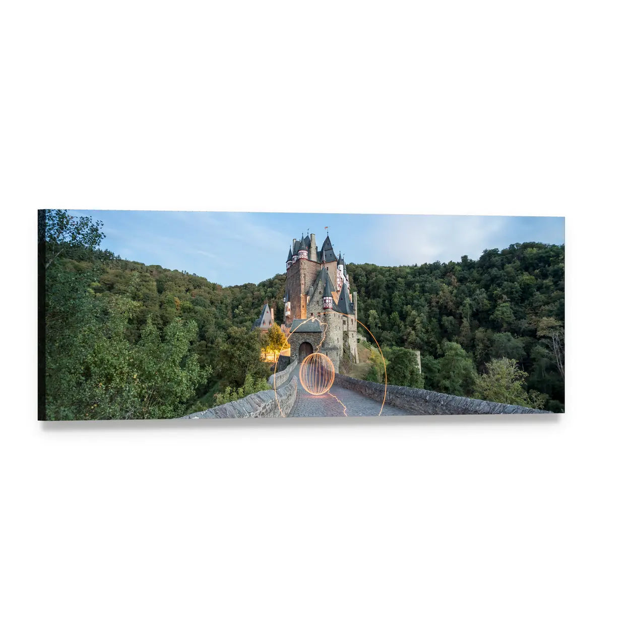 Eltz Castle with Stone Bridge Panoramic Canvas Wall Art, single panel gallery wrapped canvas, angled product view