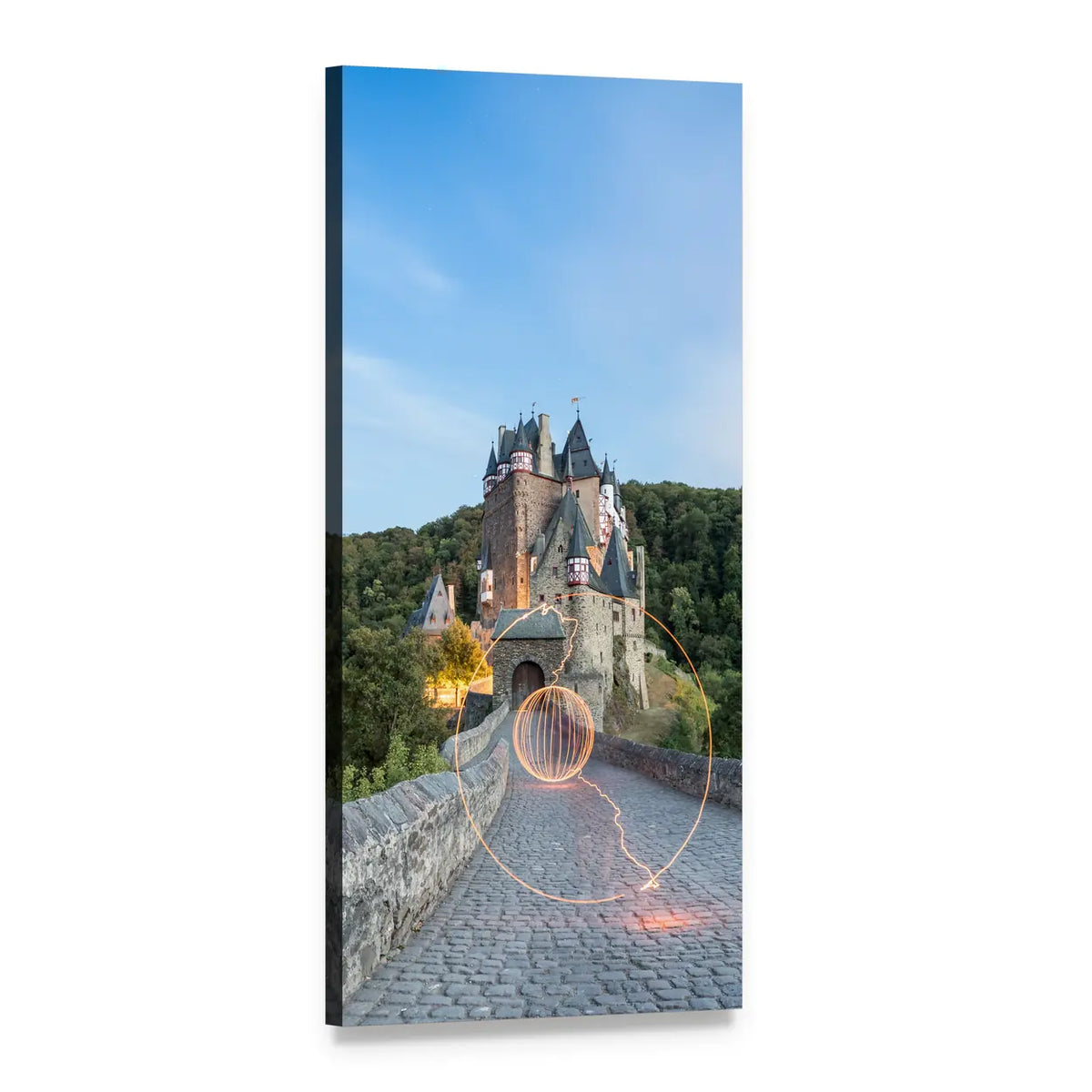 Eltz Castle and Glowing Light Orb Vertical Canvas Wall Art, 1 panel 1 Vertical layout gallery wrapped canvas set, angled product view