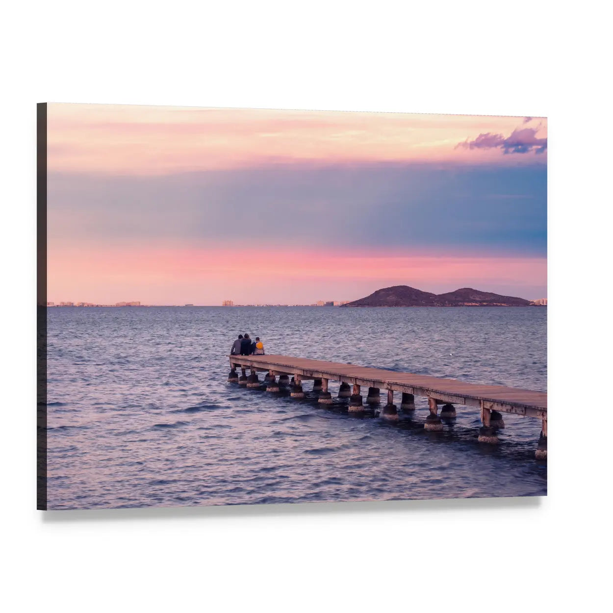 Two Silhouettes on a Jetty at Sunset Canvas Wall Art, single panel gallery wrapped canvas, angled product view