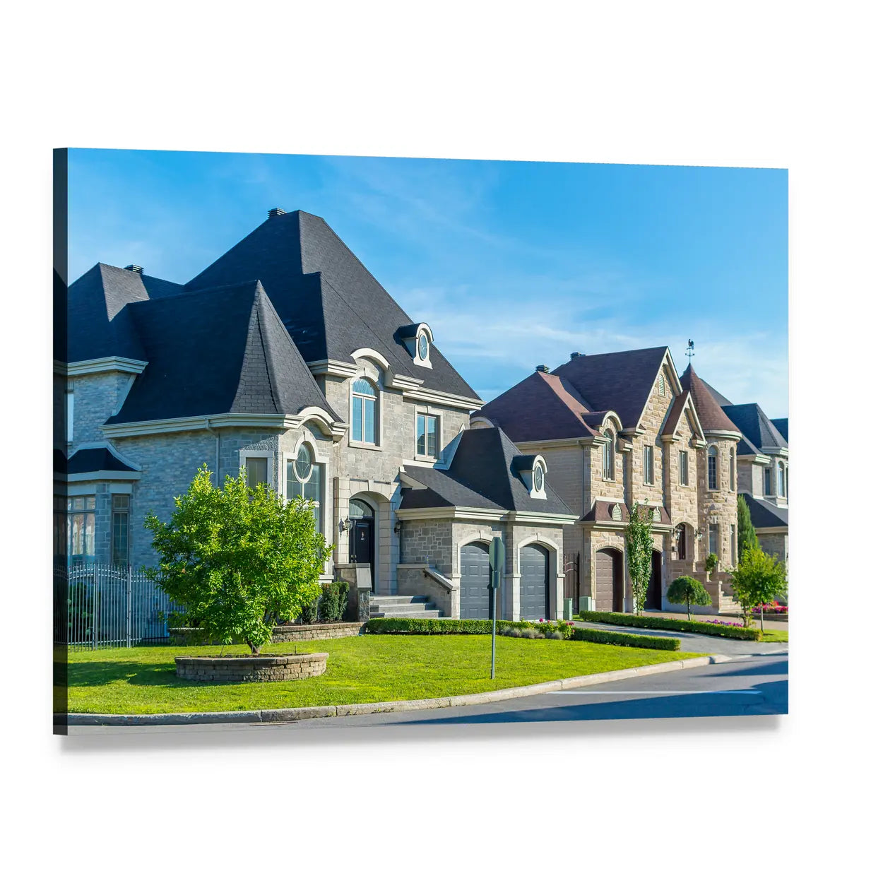 Sunlit Montreal Mansions with Manicured Lawns Canvas Wall Art, single panel gallery wrapped canvas, angled product view