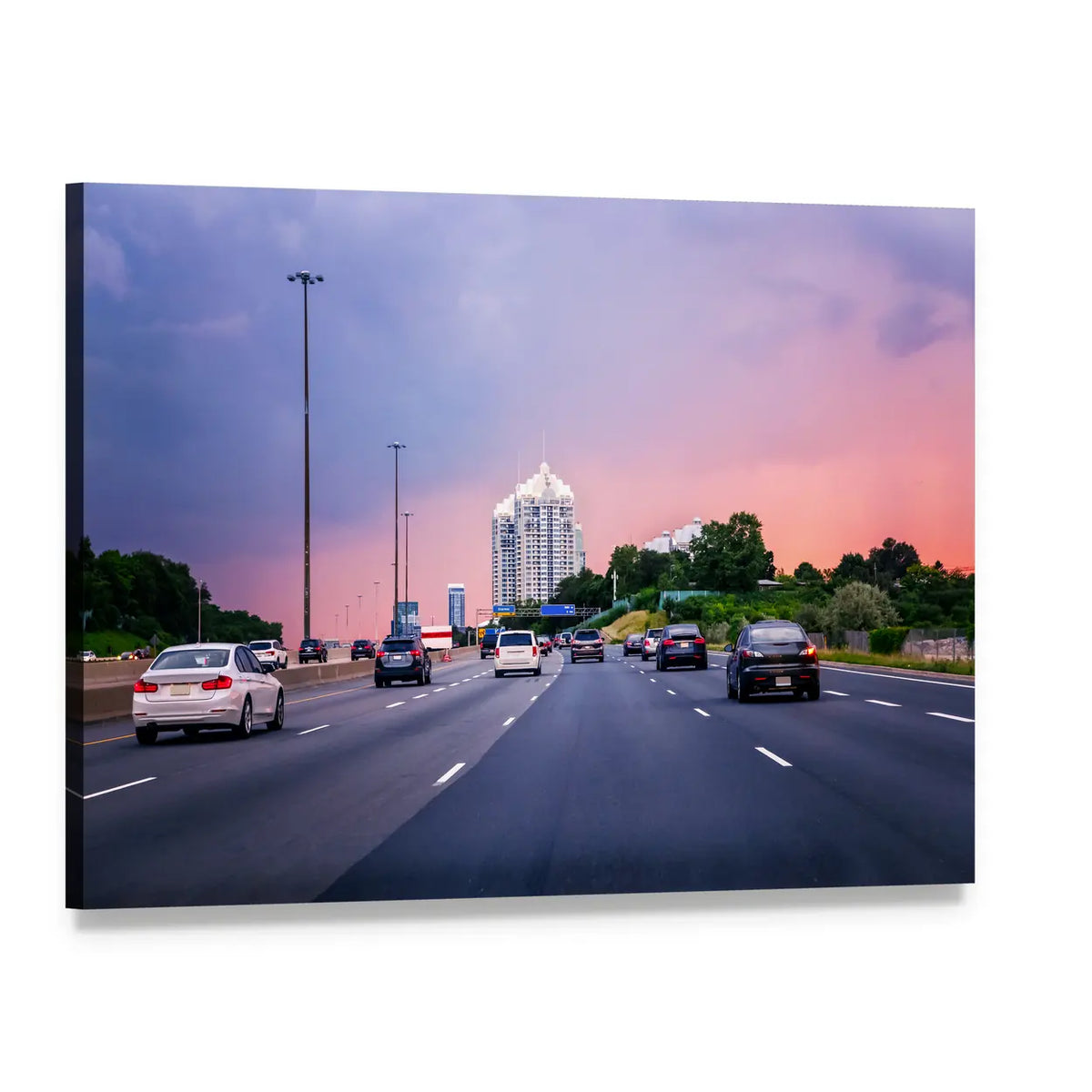 Sunset Highway in American City Canvas Wall Art, single panel gallery wrapped canvas, angled product view
