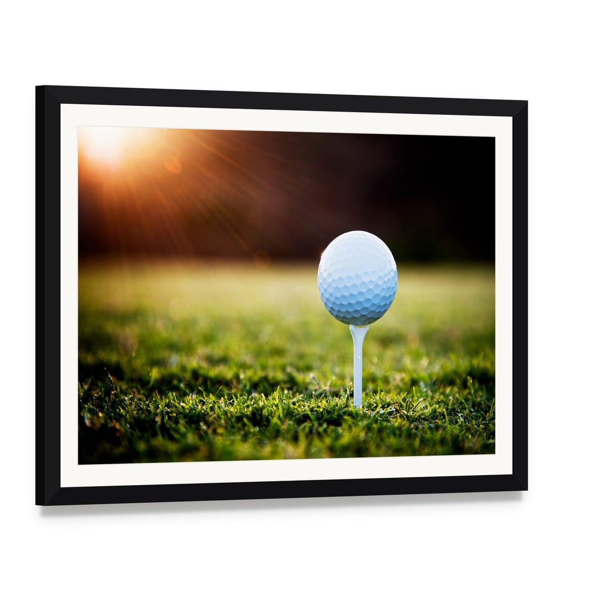 Golf Ball on Tee Canvas Wall Art, framed print with white mat and black frame, angled product view