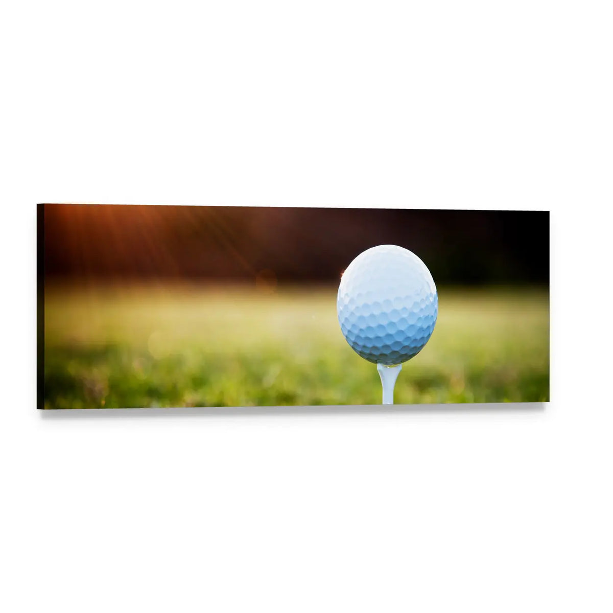 Golf Ball on Tee at Golden Hour Panoramic Canvas Wall Art, single panel gallery wrapped canvas, angled product view