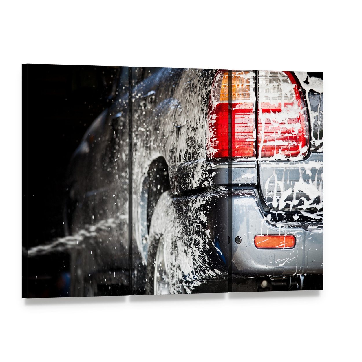 Car in Carwash Canvas Wall Art, 3 panel 3 Horizontal layout gallery wrapped canvas set, angled product view