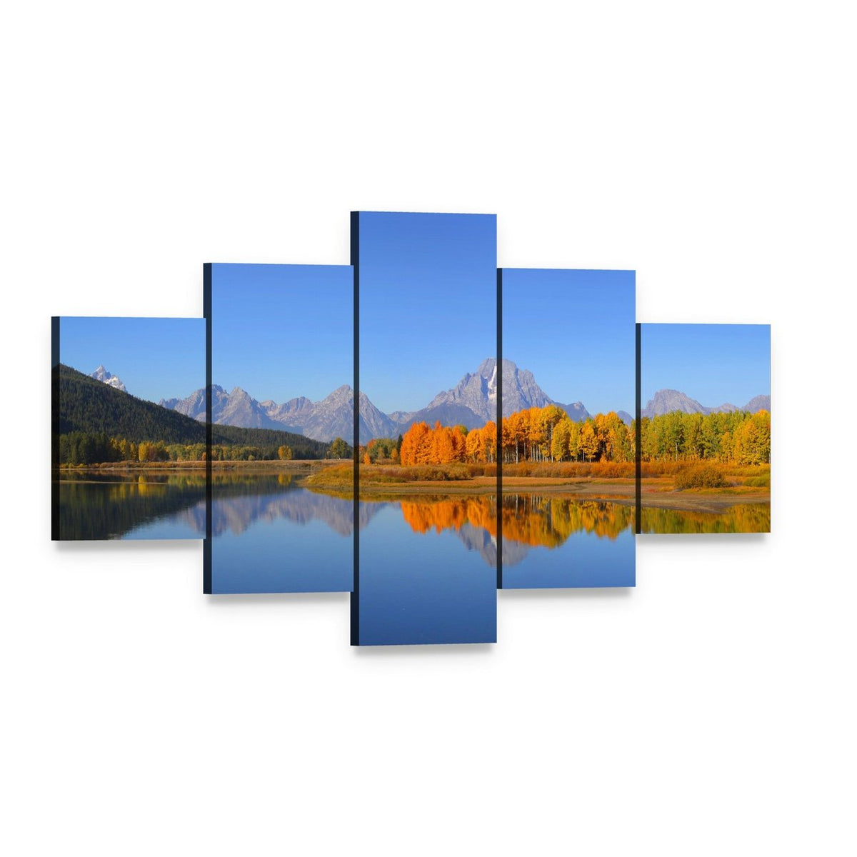 Grand Tetons Autumn Lake Reflection Canvas Wall Art, 5 panel 5 Star layout gallery wrapped canvas set, angled product view