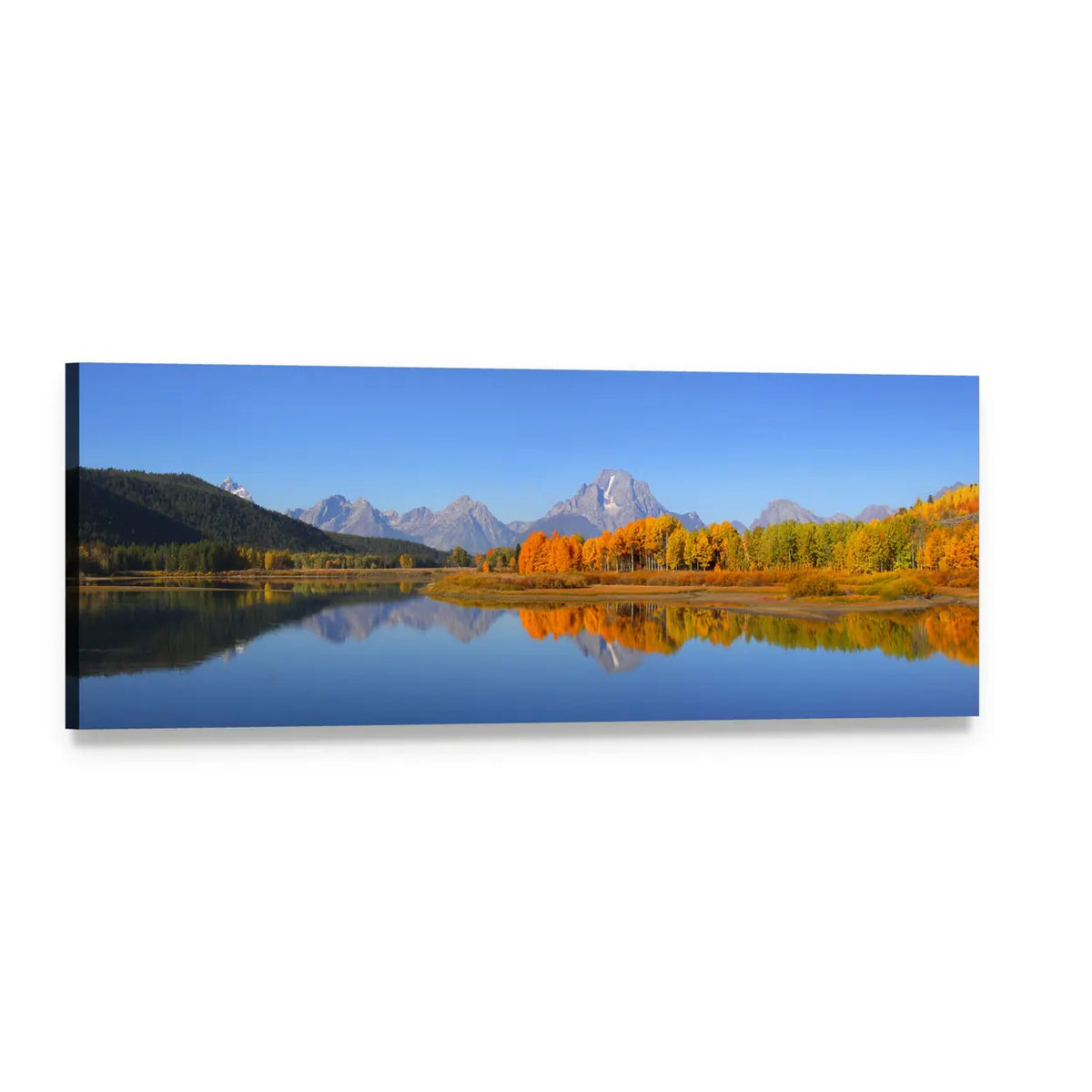 Grand Tetons Autumn Lake Reflections Panoramic Canvas Wall Art, single panel gallery wrapped canvas, angled product view