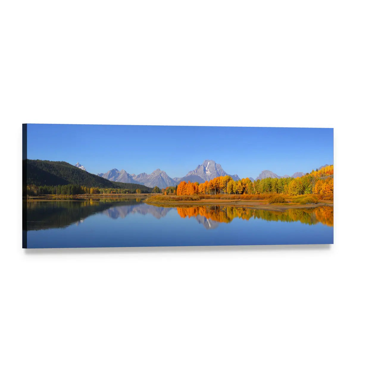 Grand Tetons Autumn Lake Reflections Panoramic Canvas Wall Art, single panel gallery wrapped canvas, angled product view