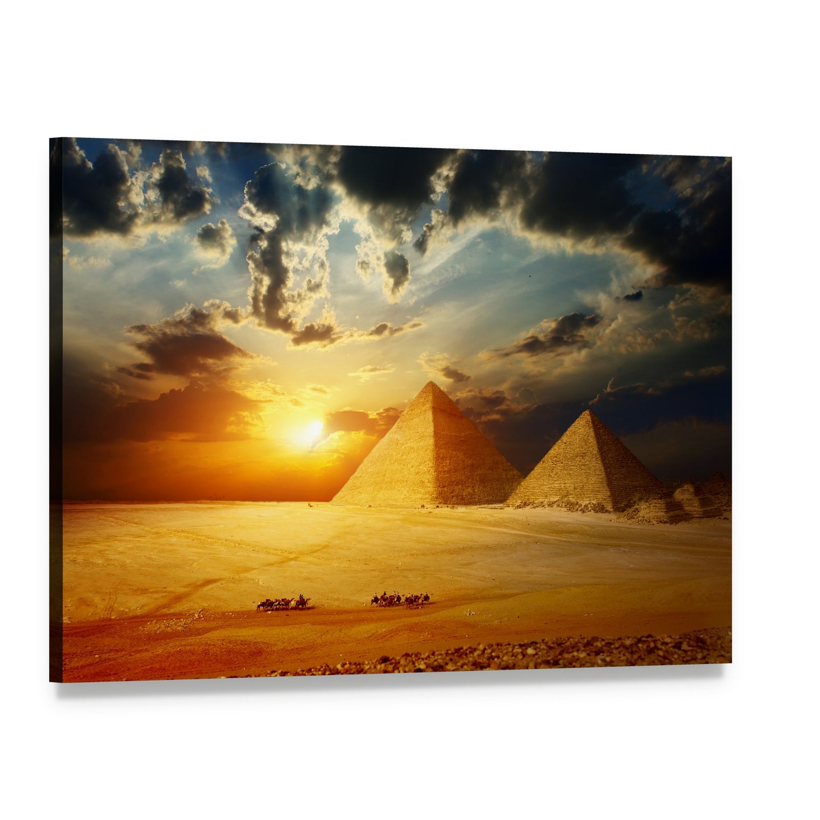 Sunset on Egyptian Pyramids Under Dark Clouds Canvas Wall Art, single panel gallery wrapped canvas, angled product view