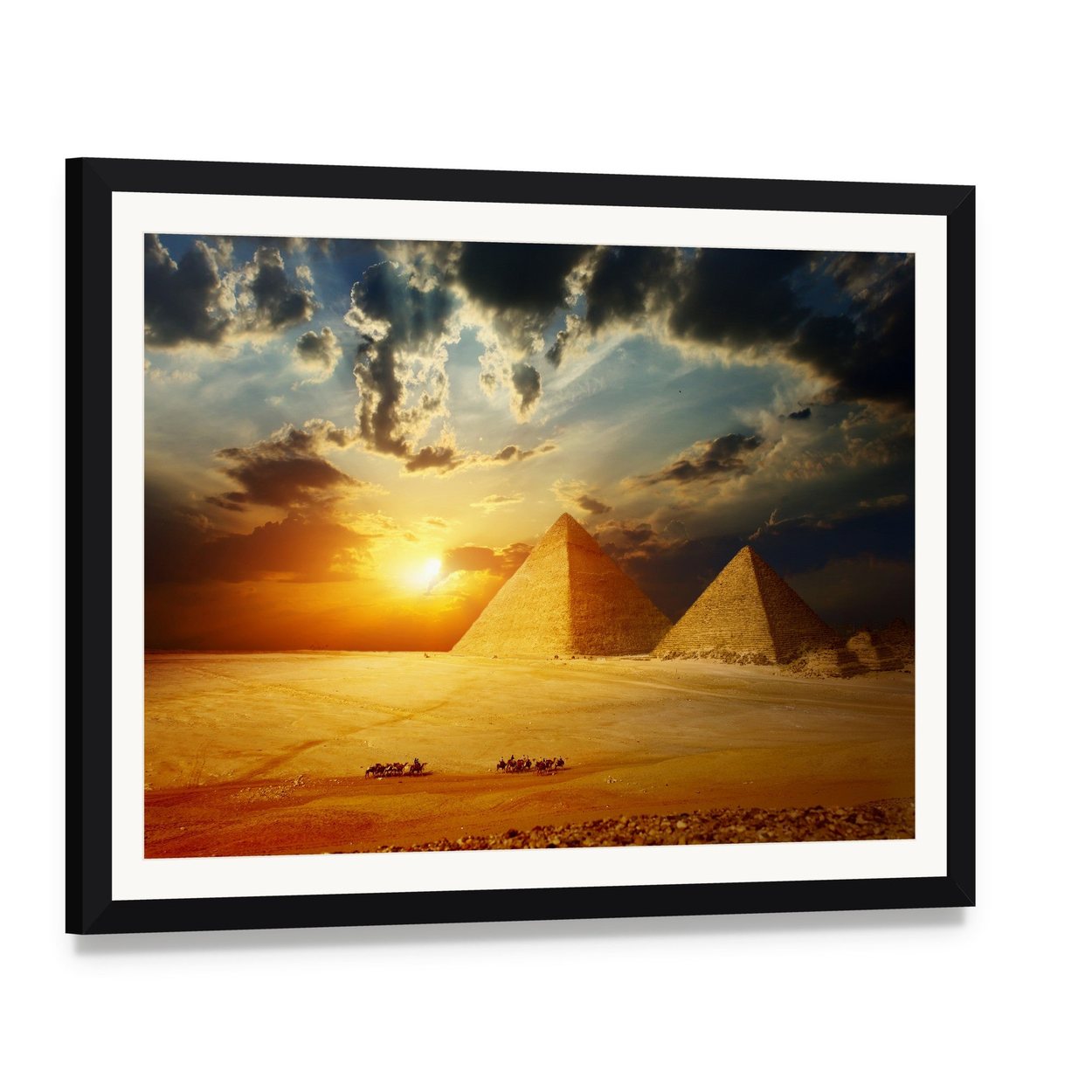 Sunset on Egyptian Pyramids Under Dark Clouds Canvas Wall Art, framed print with white mat and black frame, angled product view