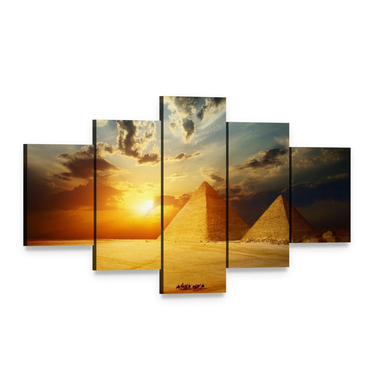 Sunset on Egyptian Pyramids Under Dark Clouds Canvas Wall Art, 5 panel 5 Star layout gallery wrapped canvas set, angled product view