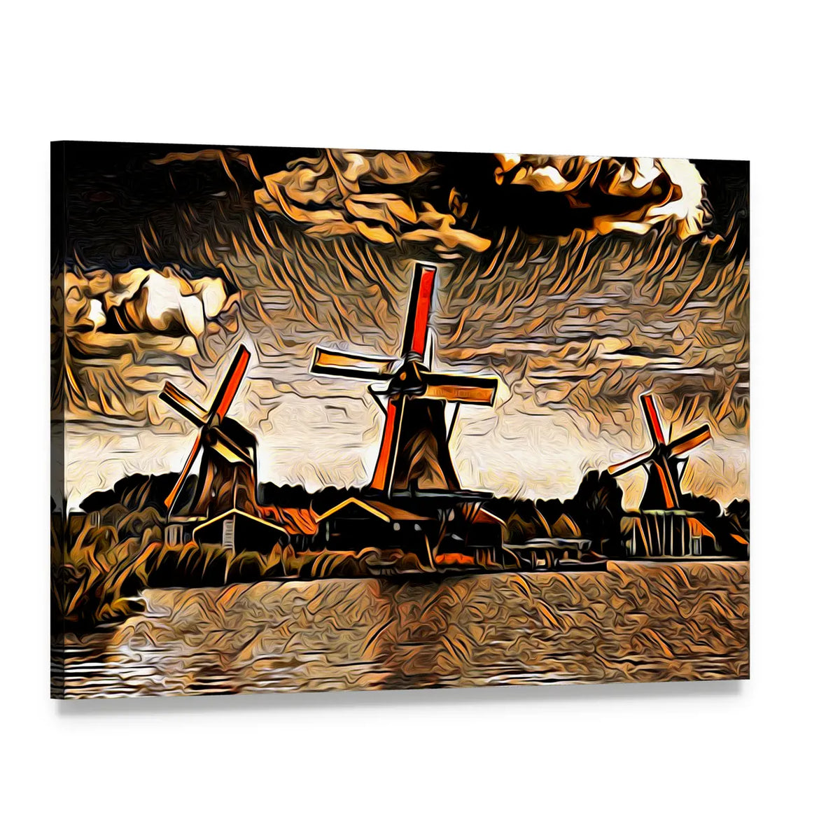 Three Vintage Windmills at Sunset Canvas Wall Art, single panel gallery wrapped canvas, angled product view