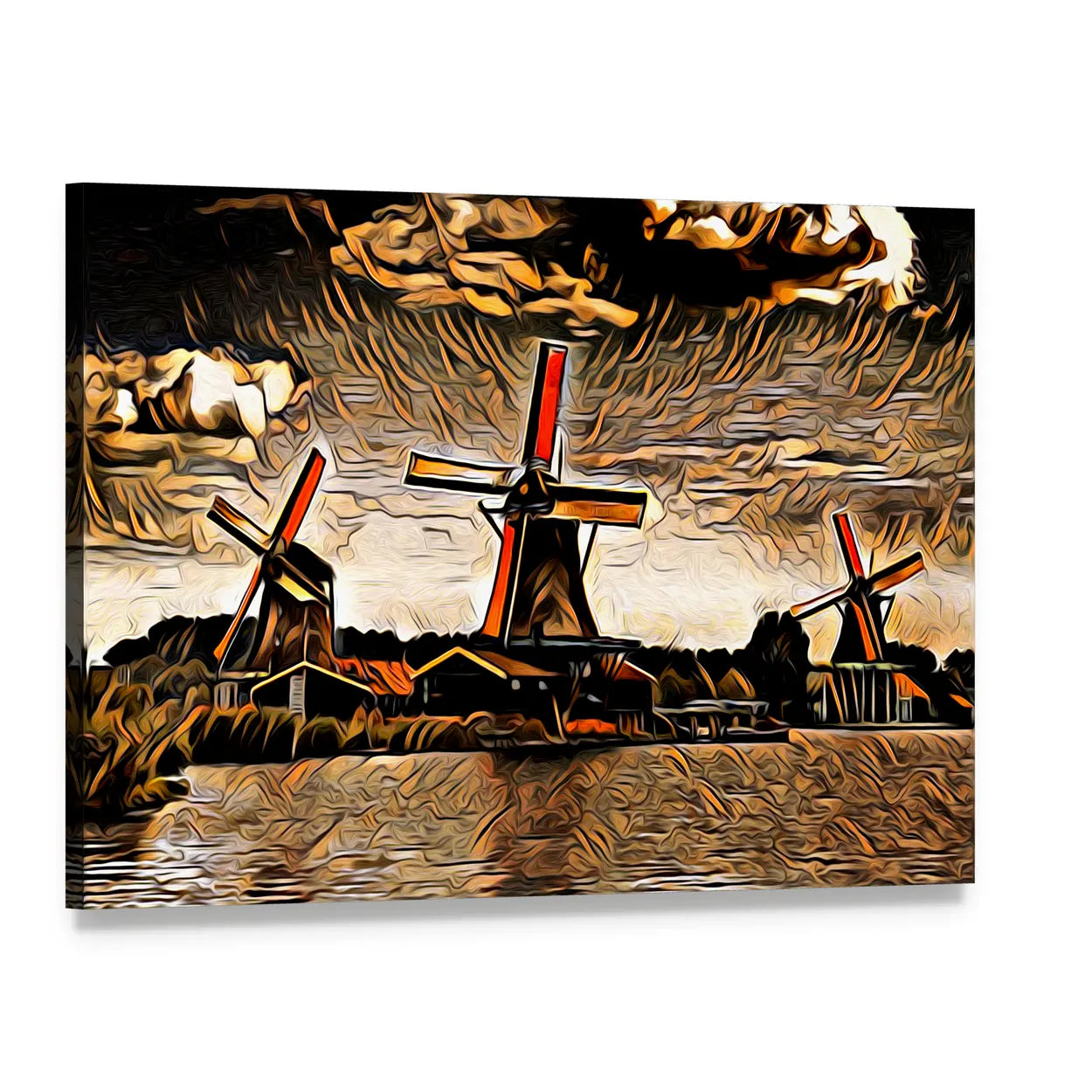 Three Vintage Windmills at Sunset Canvas Wall Art, single panel gallery wrapped canvas, angled product view