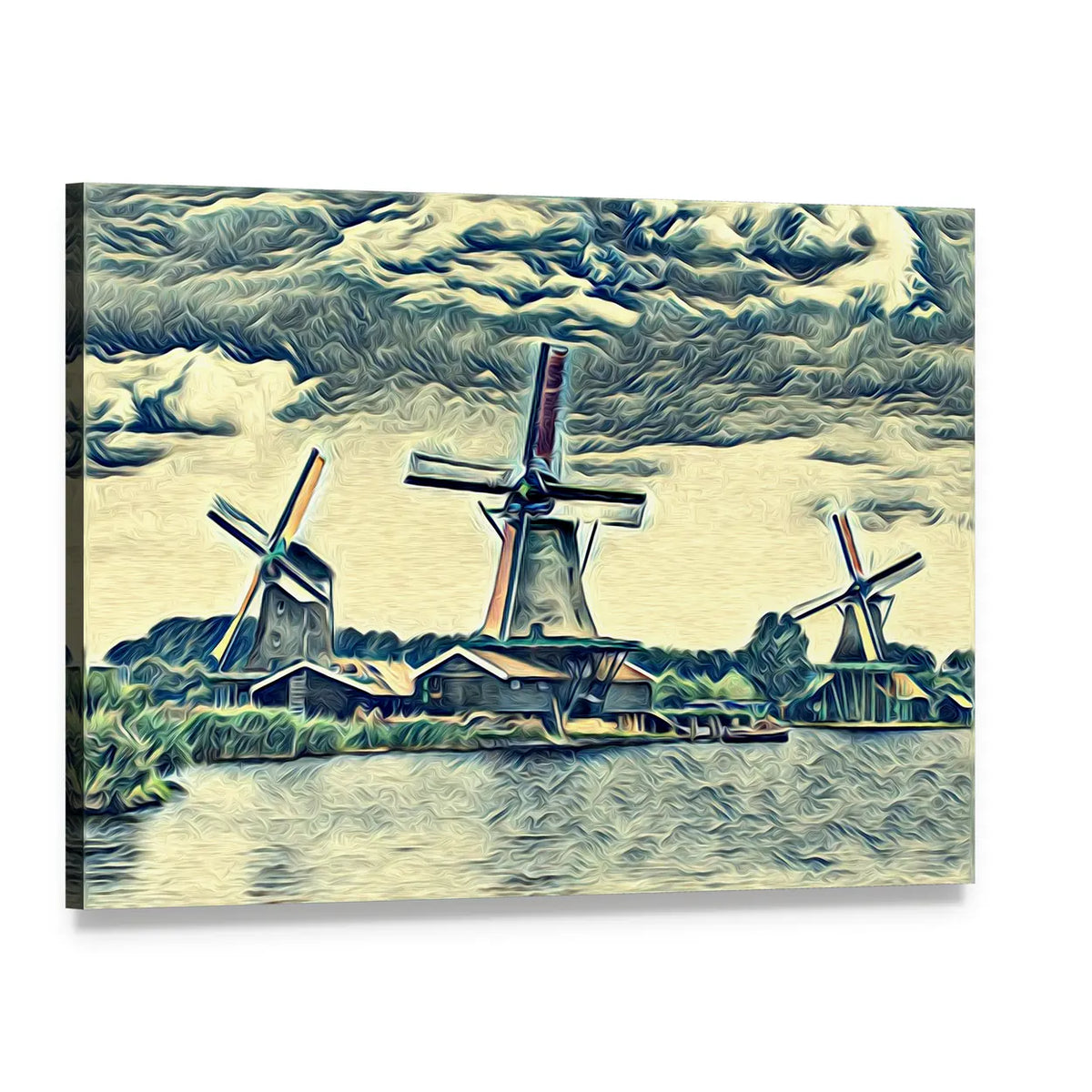 Vintage Dutch Windmills Landscape Canvas Wall Art, single panel gallery wrapped canvas, angled product view