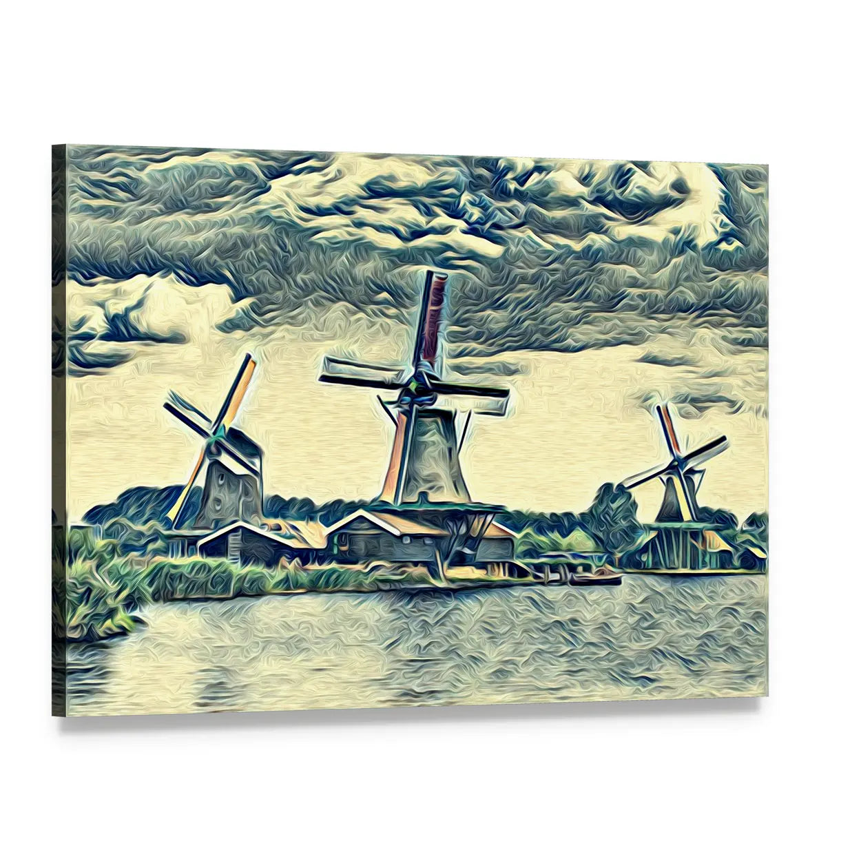 Vintage Dutch Windmills Landscape Canvas Wall Art, single panel gallery wrapped canvas, angled product view