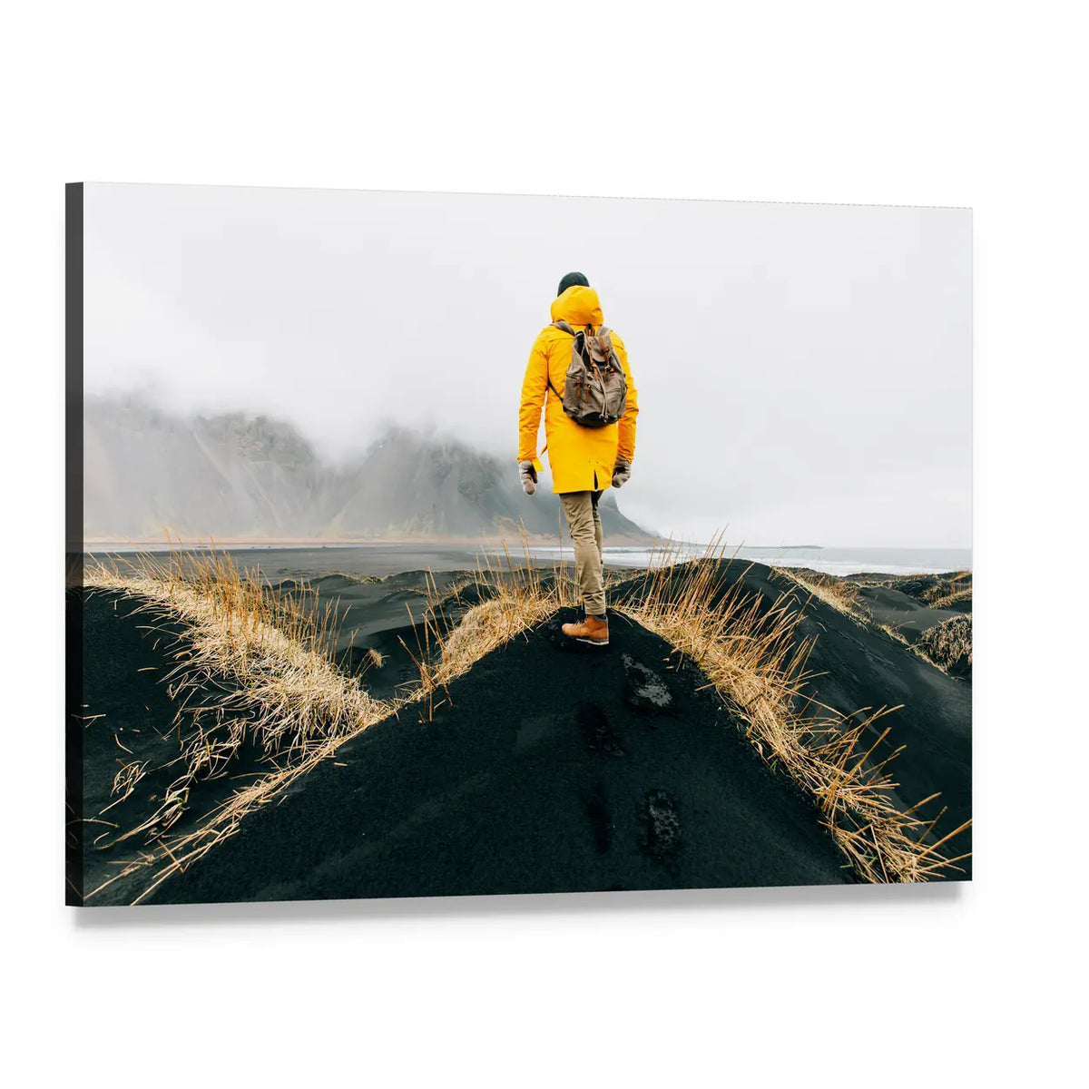 Hiker on Iceland Black Sand Dunes Canvas Wall Art, single panel gallery wrapped canvas, angled product view