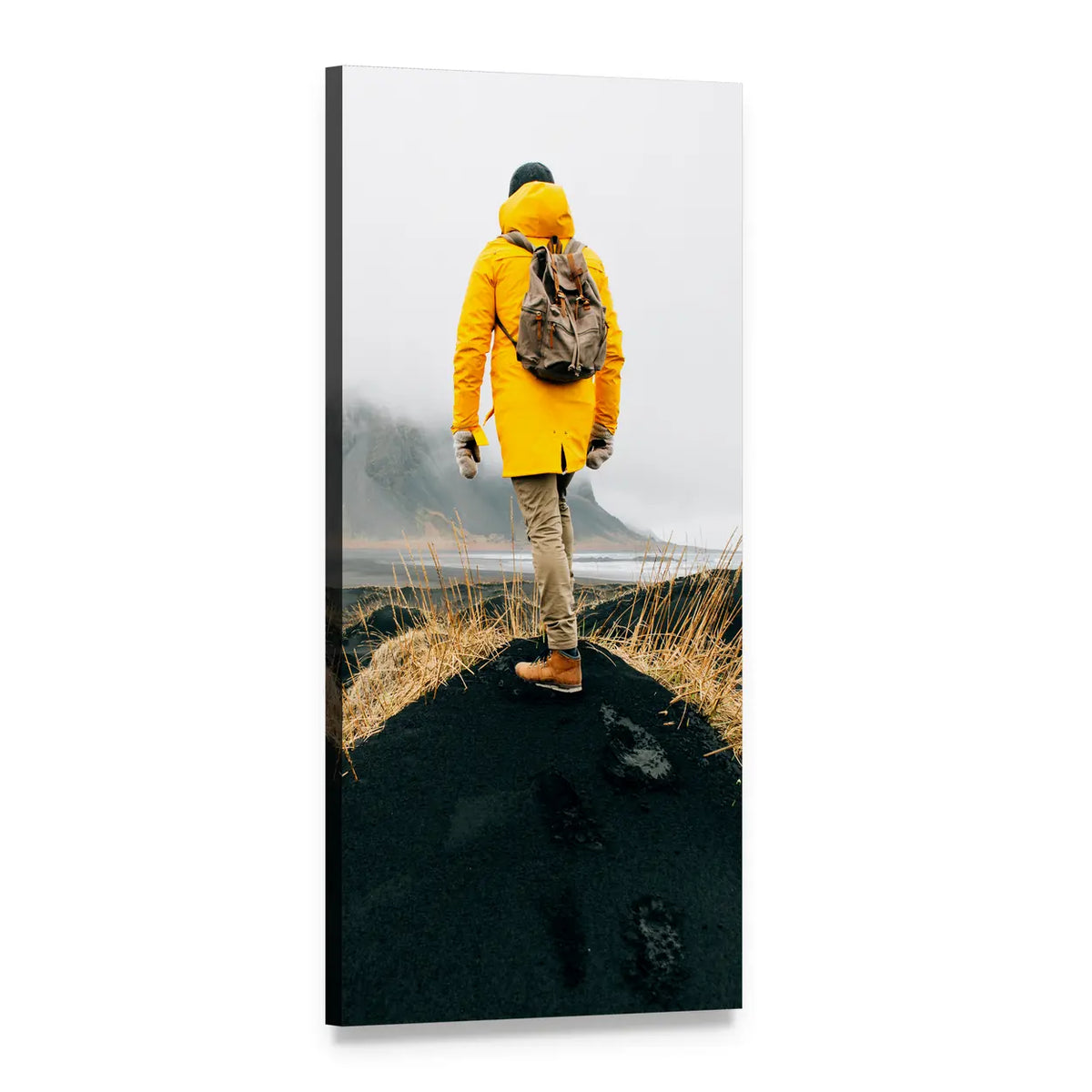 Hiker in Yellow Parka on Volcanic Slope Vertical Canvas Wall Art, 1 panel 1 Vertical layout gallery wrapped canvas set, angled product view