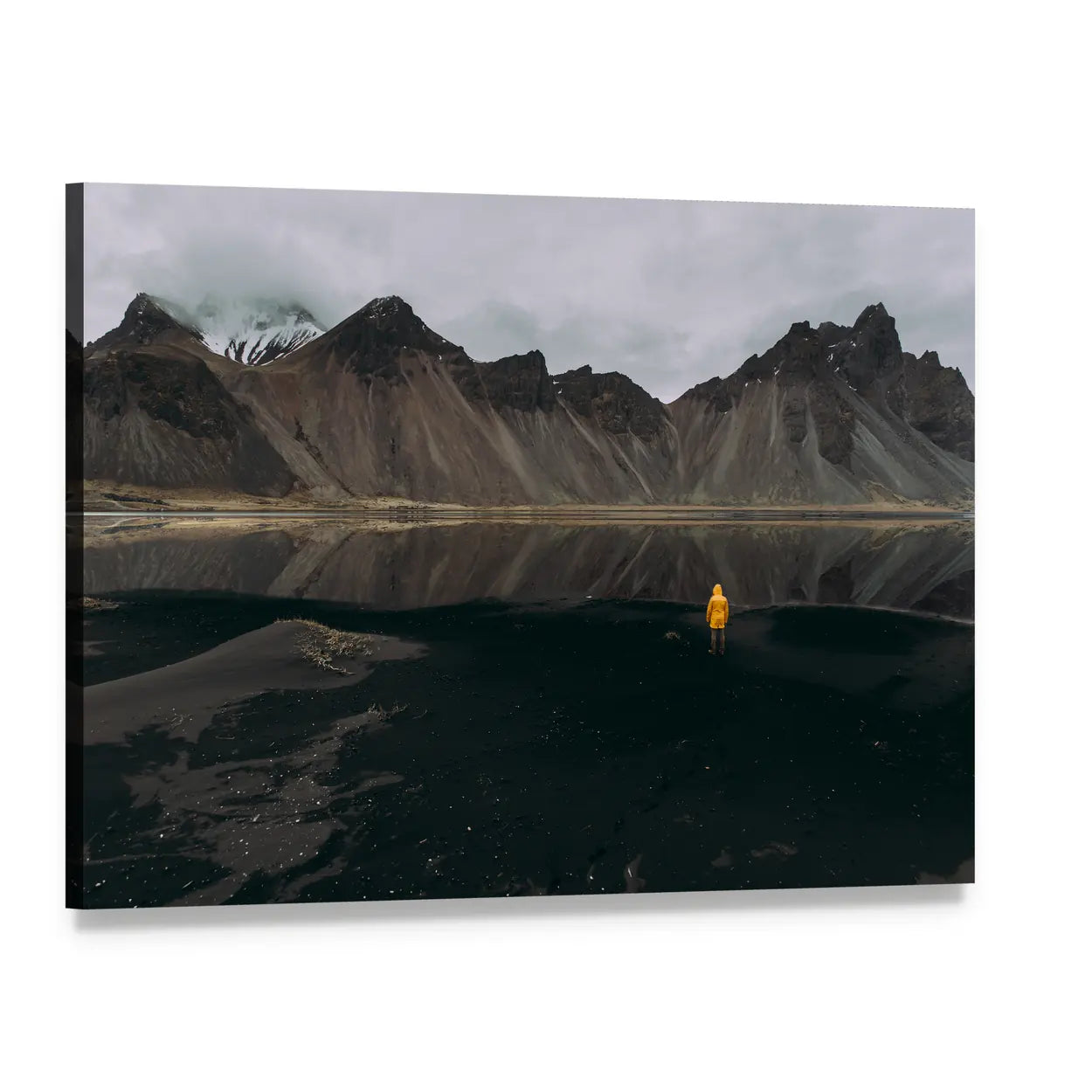 Lone Explorer in Yellow Jacket, Iceland Canvas Wall Art, single panel gallery wrapped canvas, angled product view