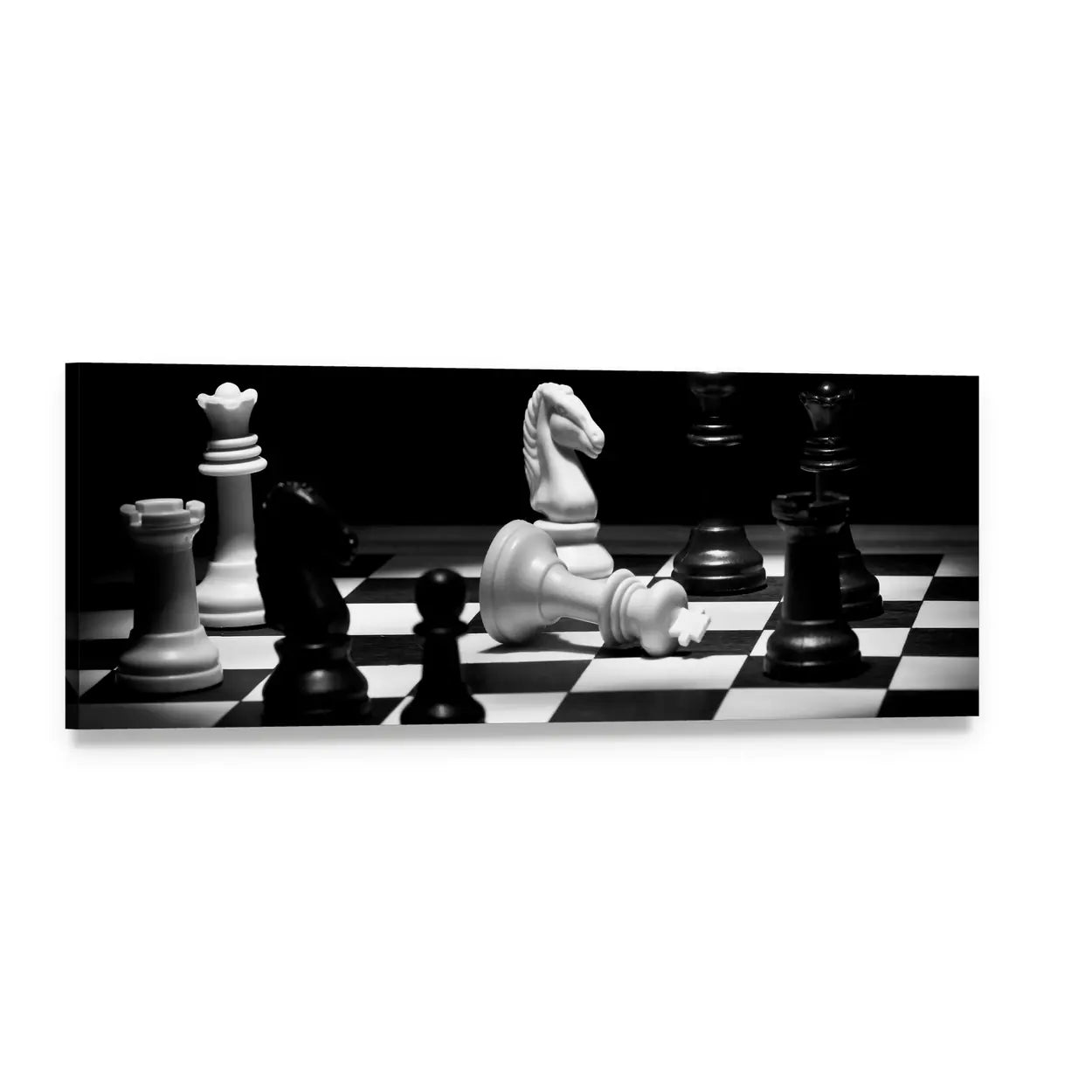 Fallen White King on Chessboard Panoramic Canvas Wall Art, single panel gallery wrapped canvas, angled product view