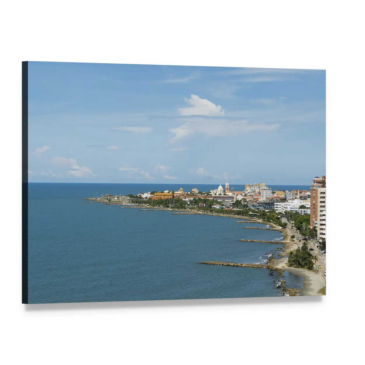 Cartagena Coastal View Canvas Wall Art, single panel gallery wrapped canvas, angled product view