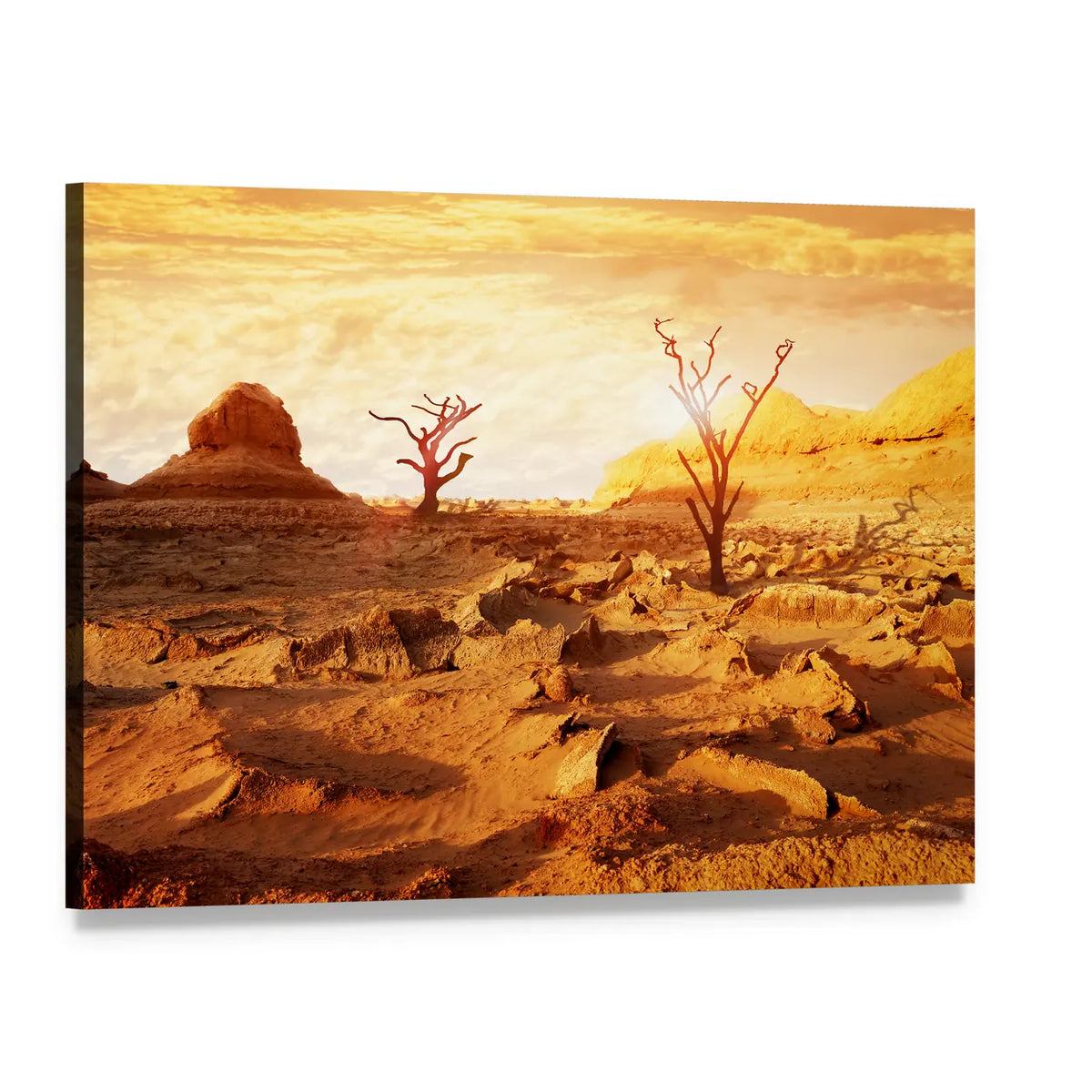 Sunset Over Dry Desert Canvas Wall Art, single panel gallery wrapped canvas, angled product view
