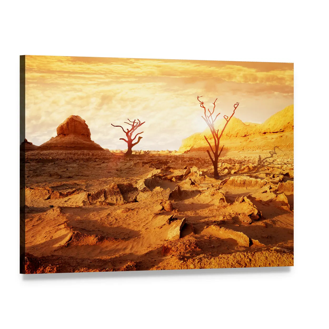 Sunset Over Dry Desert Canvas Wall Art, single panel gallery wrapped canvas, angled product view