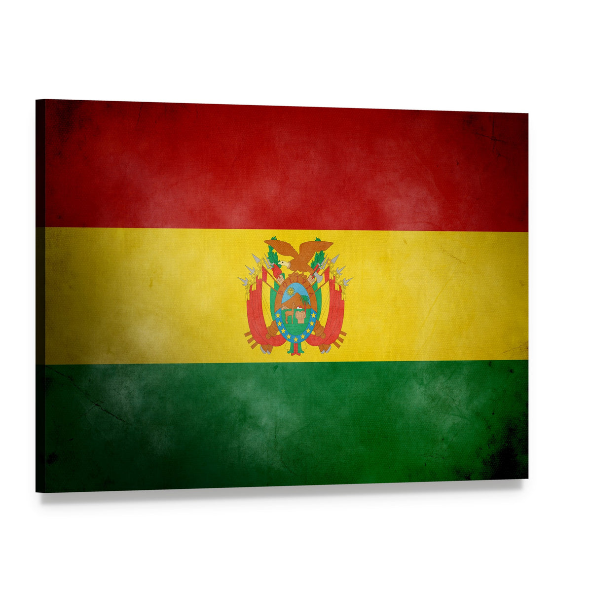 Bolivian Flag with Coat of Arms Canvas Wall Art, single panel gallery wrapped canvas, angled product view