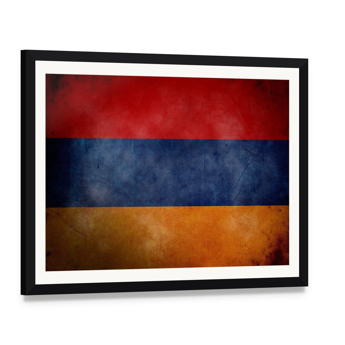 Grunge Armenian Flag Canvas Wall Art, framed print with white mat and black frame, angled product view