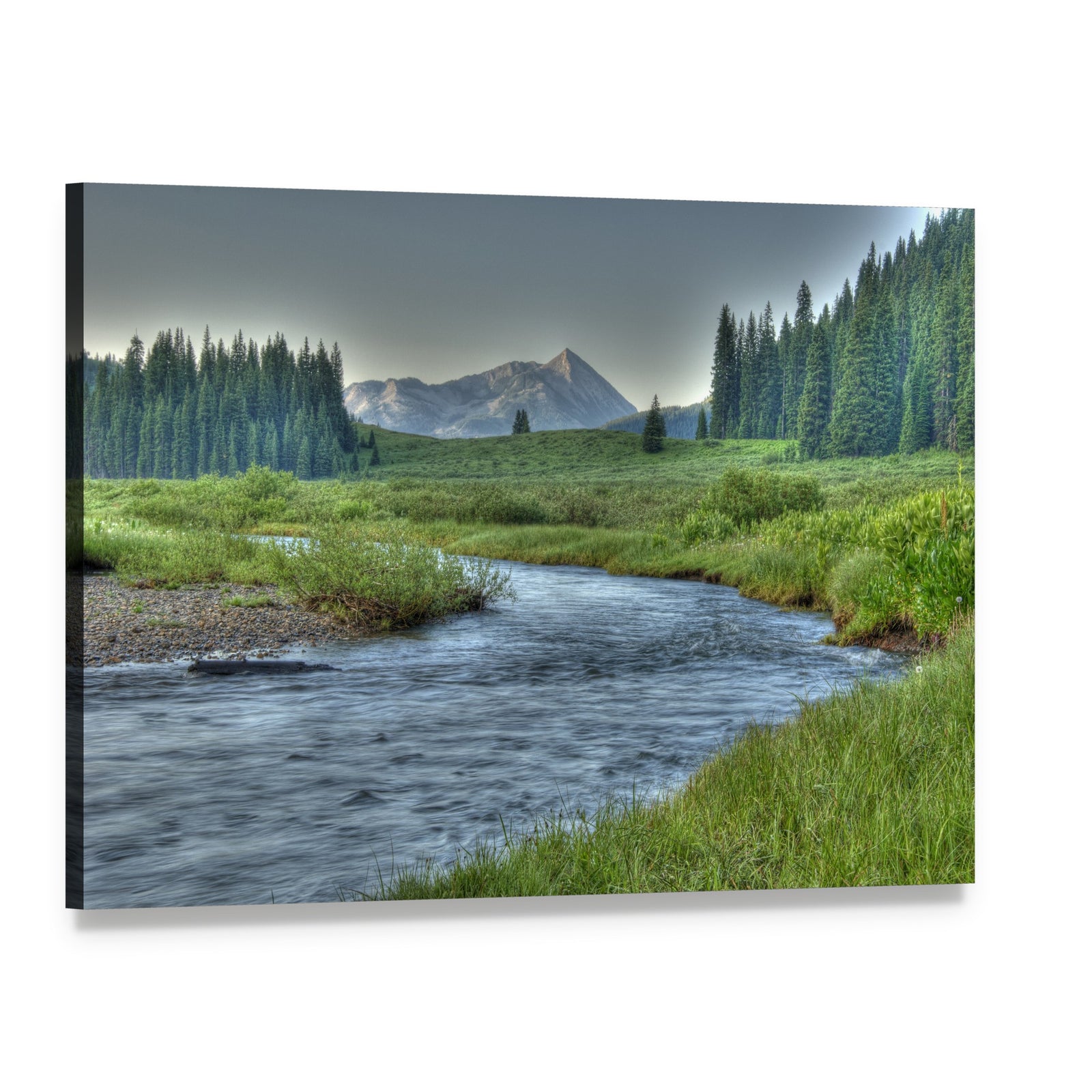 Mountain Stream in Summer Canvas Wall Art, single panel gallery wrapped canvas, angled product view