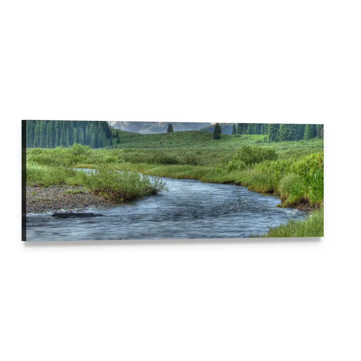 Winding Summer Stream Landscape Panoramic Canvas Wall Art, single panel gallery wrapped canvas, angled product view