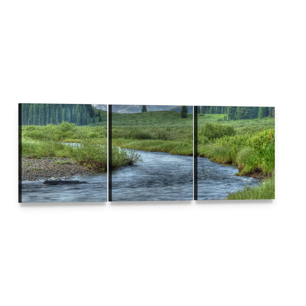 Winding Summer Stream Landscape Panoramic Canvas Wall Art, 3 panel 3 Piece layout gallery wrapped canvas set, angled product view