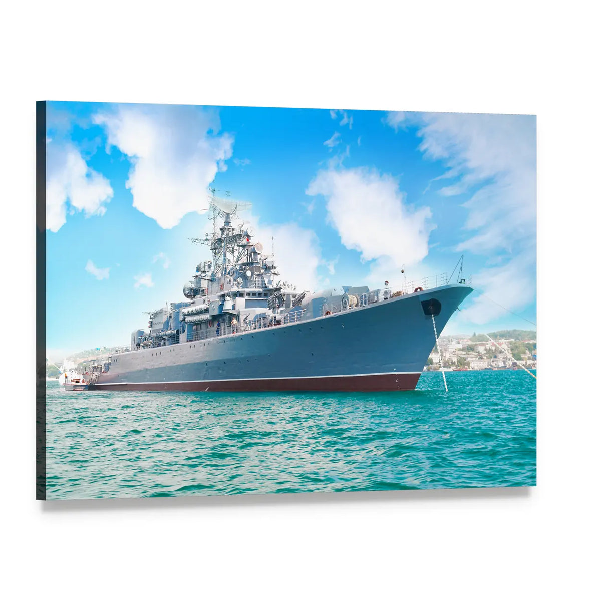 Navy Ship in the Bay Canvas Wall Art, single panel gallery wrapped canvas, angled product view