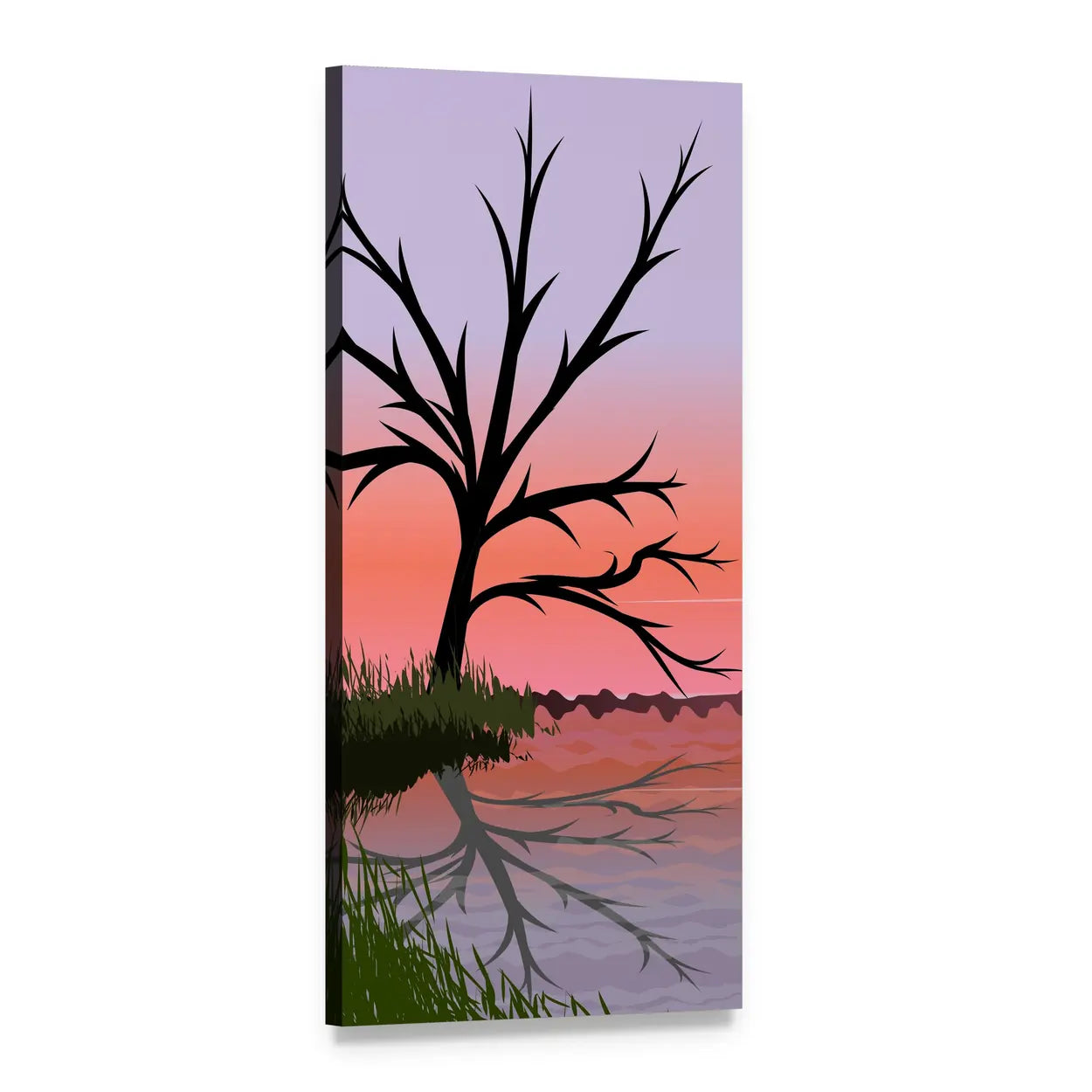 Tree Silhouette Over Sunset Lake Vertical Canvas Wall Art, 1 panel 1 Vertical layout gallery wrapped canvas set, angled product view
