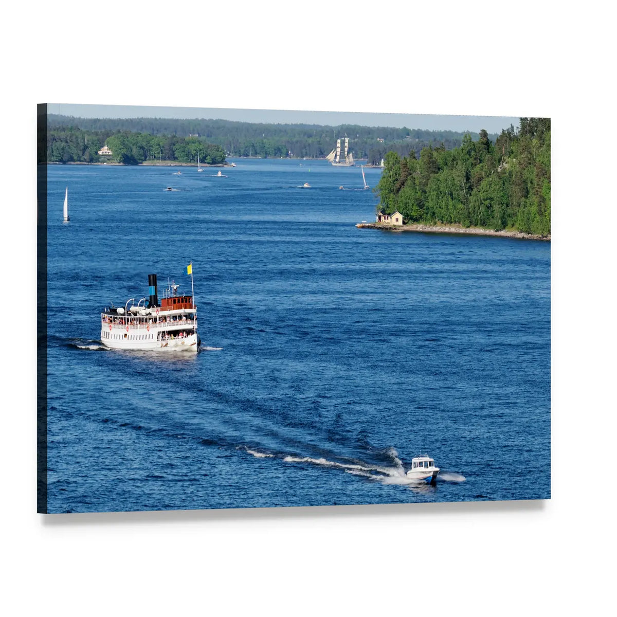 Vintage Steamboat and Motorboat at Sea Canvas Wall Art, single panel gallery wrapped canvas, angled product view