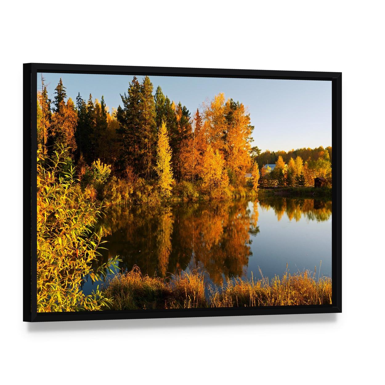 Lake in Sunset Rays Canvas Wall Art, framed canvas in a black floater frame, angled product view