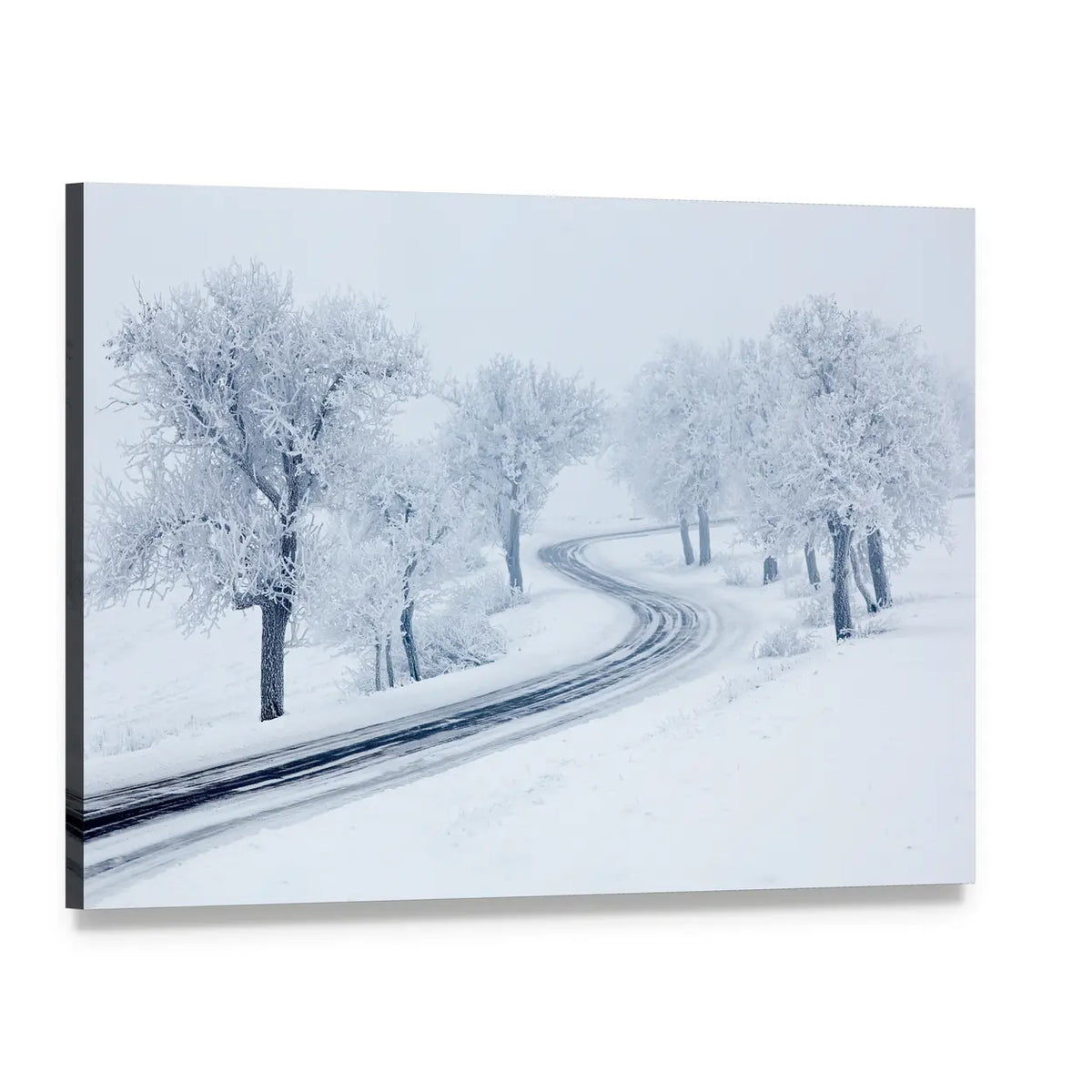 Snowy Winter Road Canvas Wall Art, single panel gallery wrapped canvas, angled product view