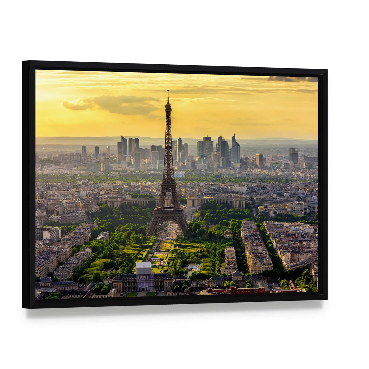 Eiffel Tower at Sunset, Paris Skyline Canvas Wall Art, framed canvas in a black floater frame, angled product view