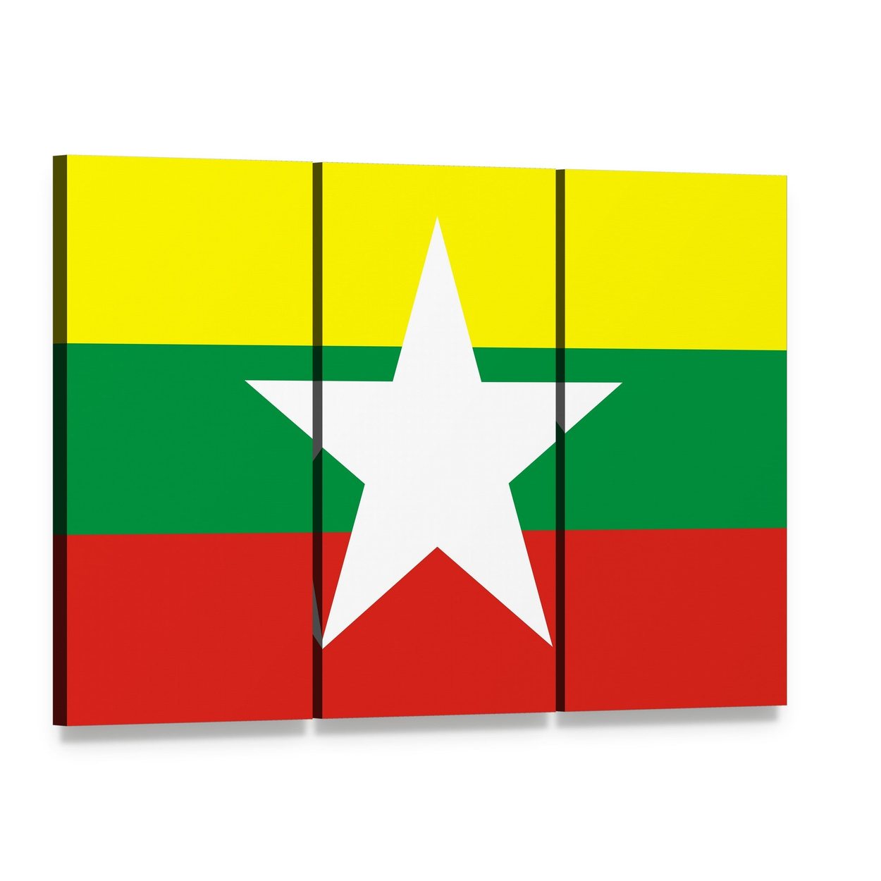 Myanmar Flag Canvas Wall Art, 3 panel 3 Horizontal layout gallery wrapped canvas set, angled product view
